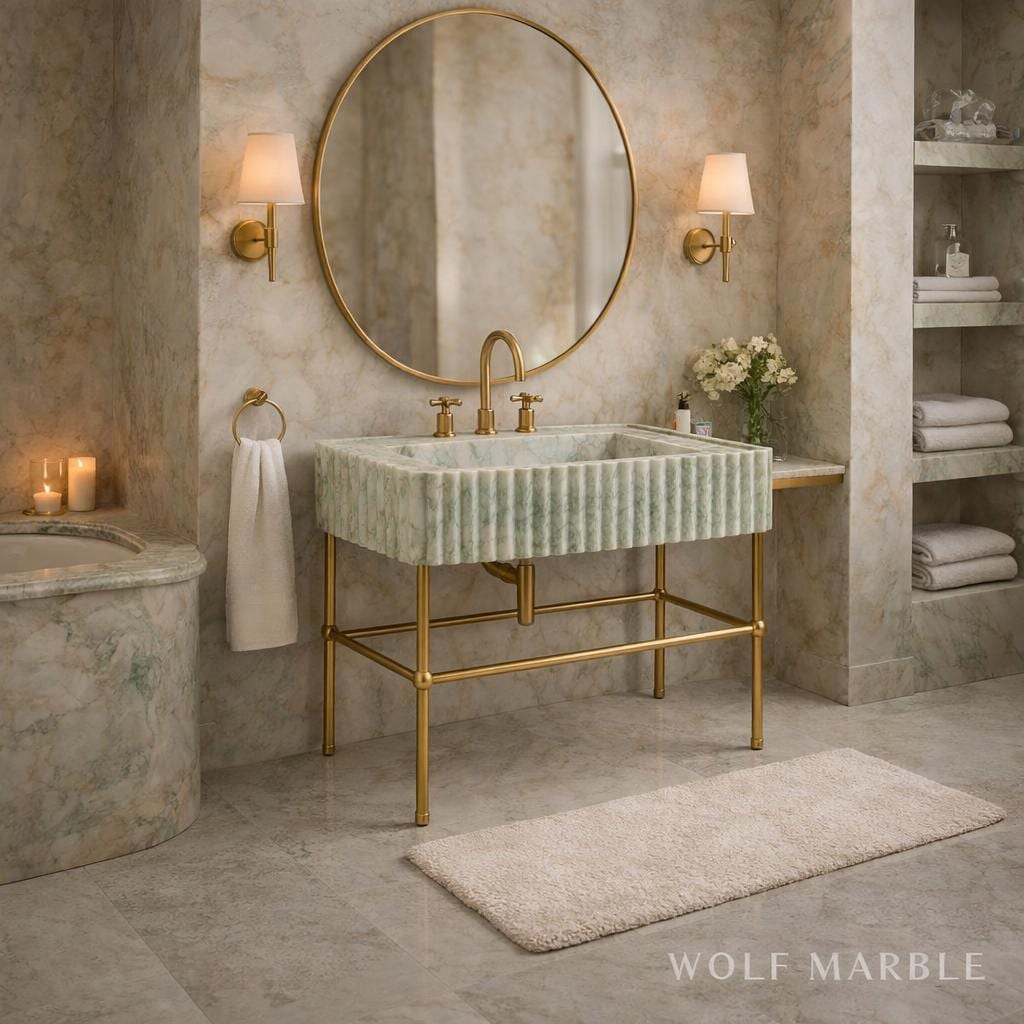 Handmade Fluted Marble Sink with Brass Console | Custom Vanity (28” x 14” x 6”)