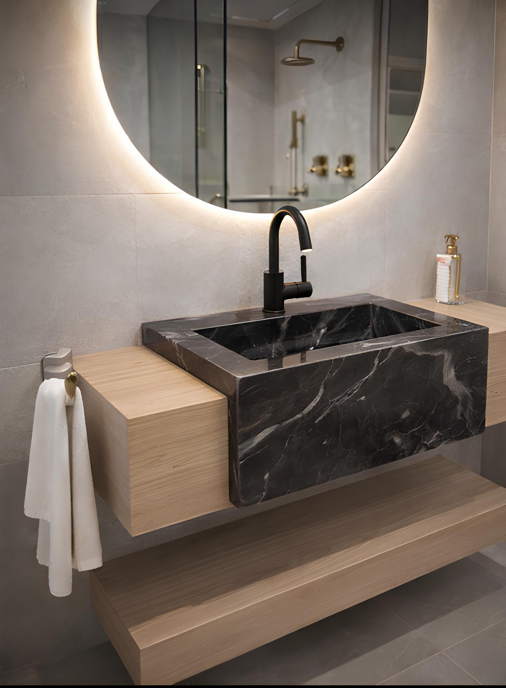Custom Handmade Marble Vanity Sink – Modern Wall Mounted Solid Wood Shelf