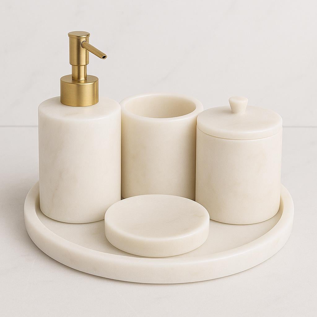 5 Piece White Marble Bathroom Set | Handmade Natural Stone Bath Accessories | Luxury Home Decor