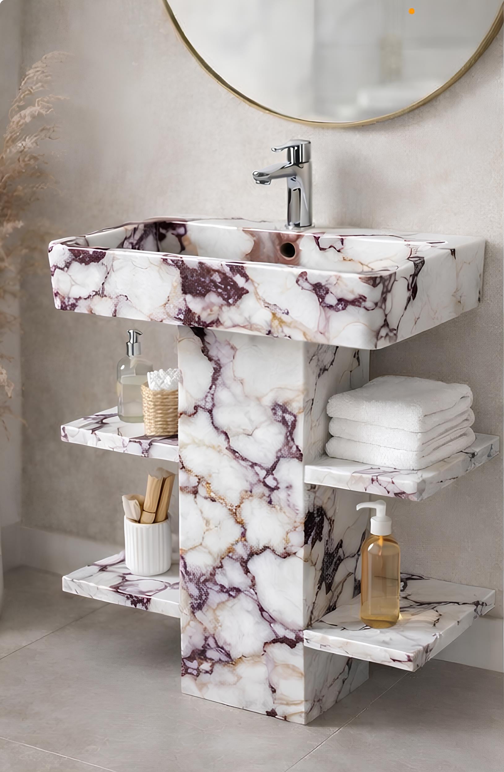 Handmade Calacatta Viola Marble Pedestal Sink with Shelves