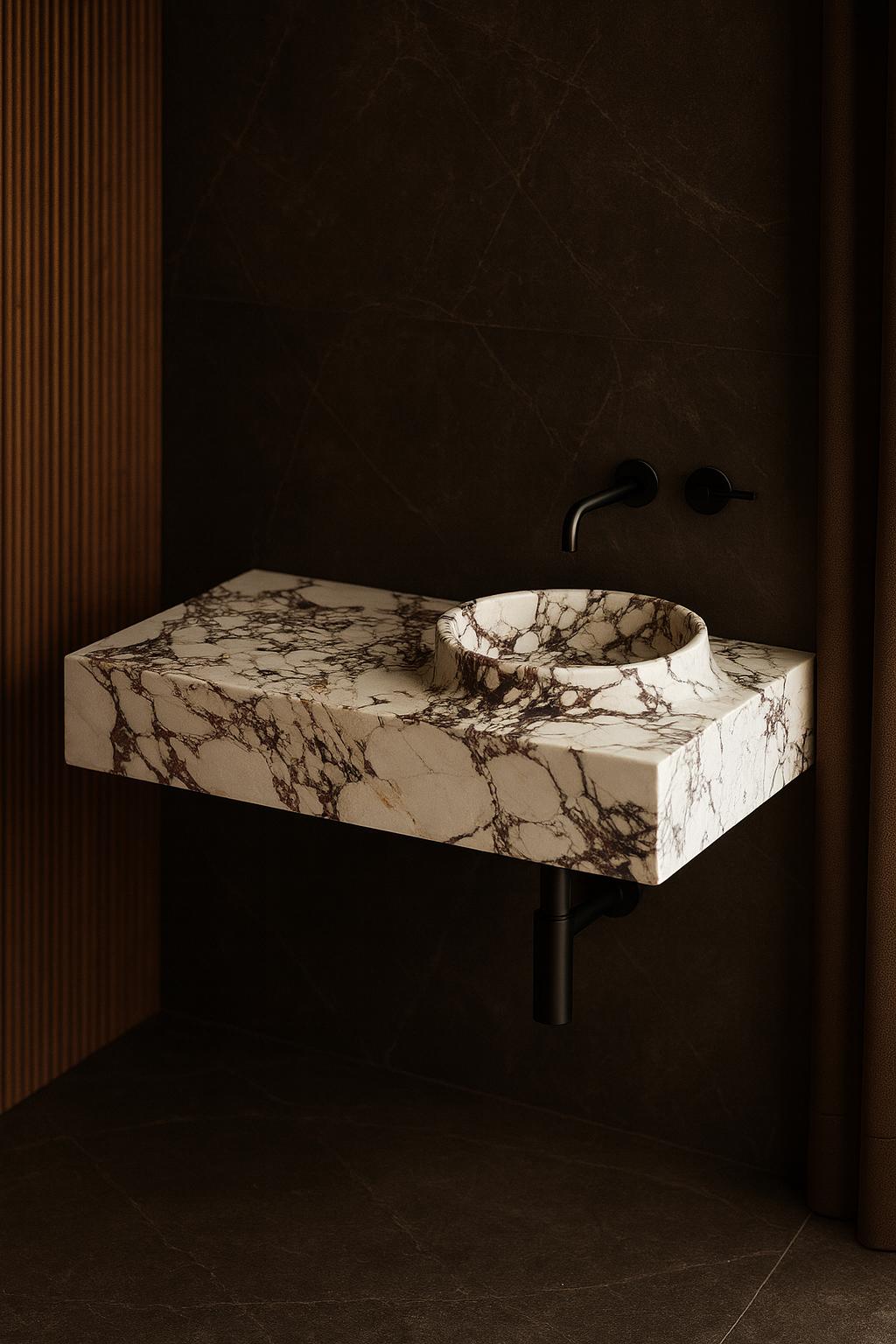 Hand-Carved Calacatta Viola Marble Sink | Luxury Wall Mount Bathroom Basin (35” x 18”) 3