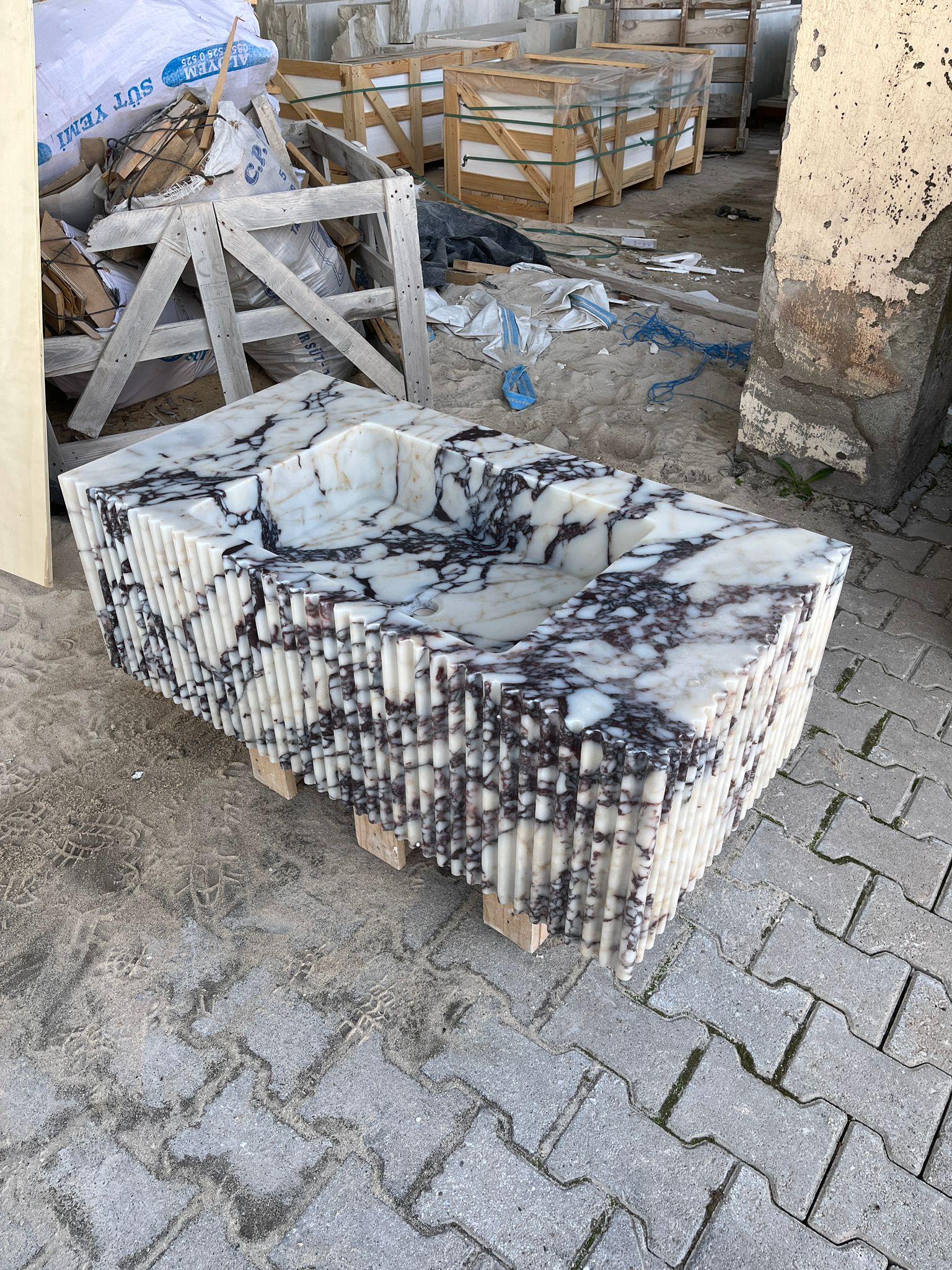 Custom Fluted Marble Block Sink – Calacatta Viola Style Vanity, Stone Bathroom Basin