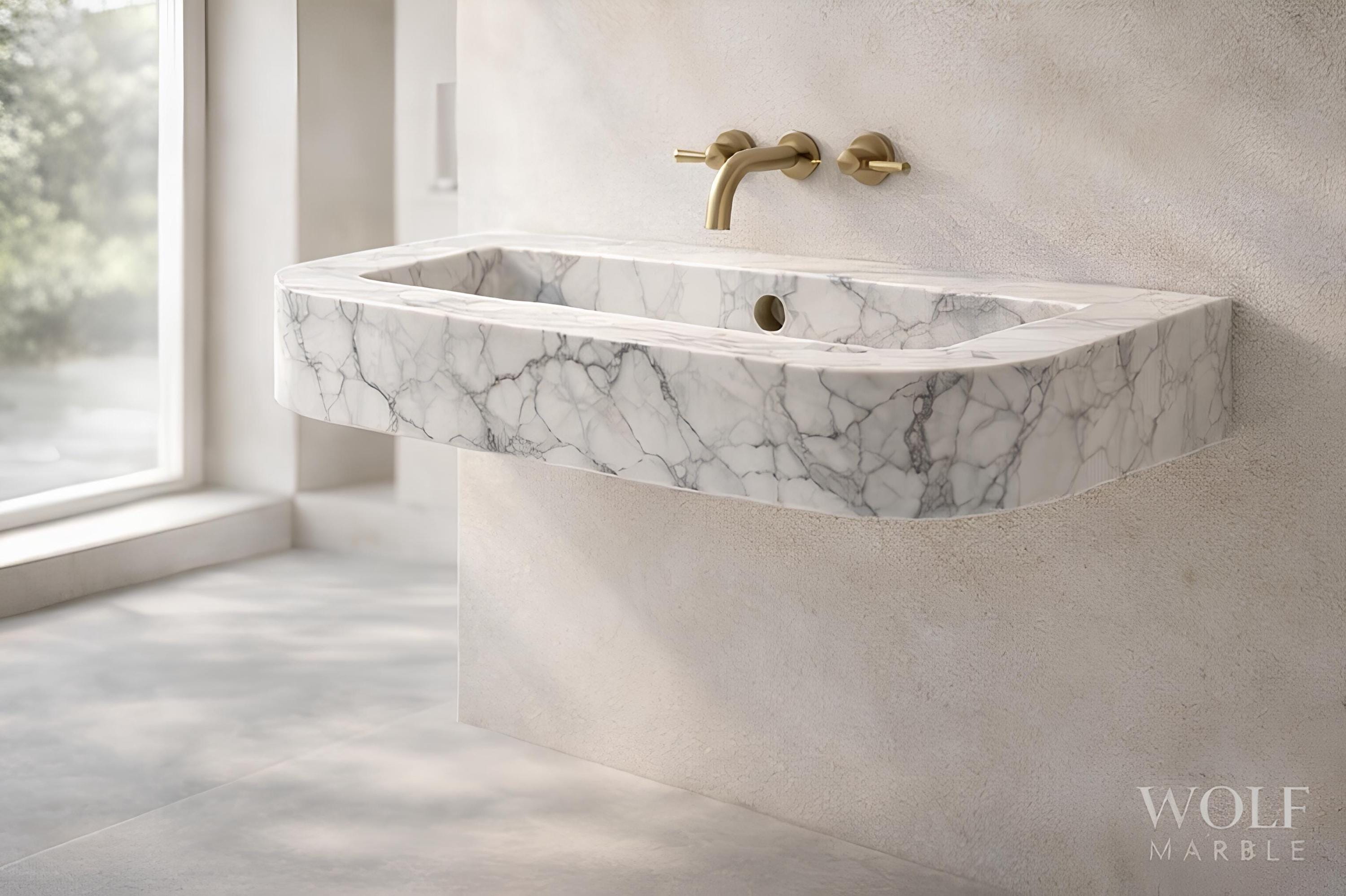 Hand-Carved White Marble Wall-Mount Bathroom Sink with Brass Fixtures 2