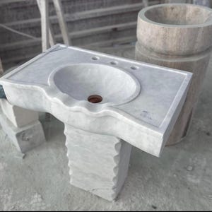 White Marble Sink with Pedestal | 60x40x85 cm | Handmade Bathroom Basin | WT Marble Design