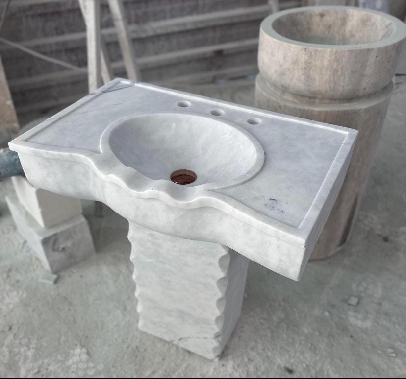 White Marble Sink with Pedestal | 60x40x85 cm | Handmade Bathroom Basin | WT Marble Design