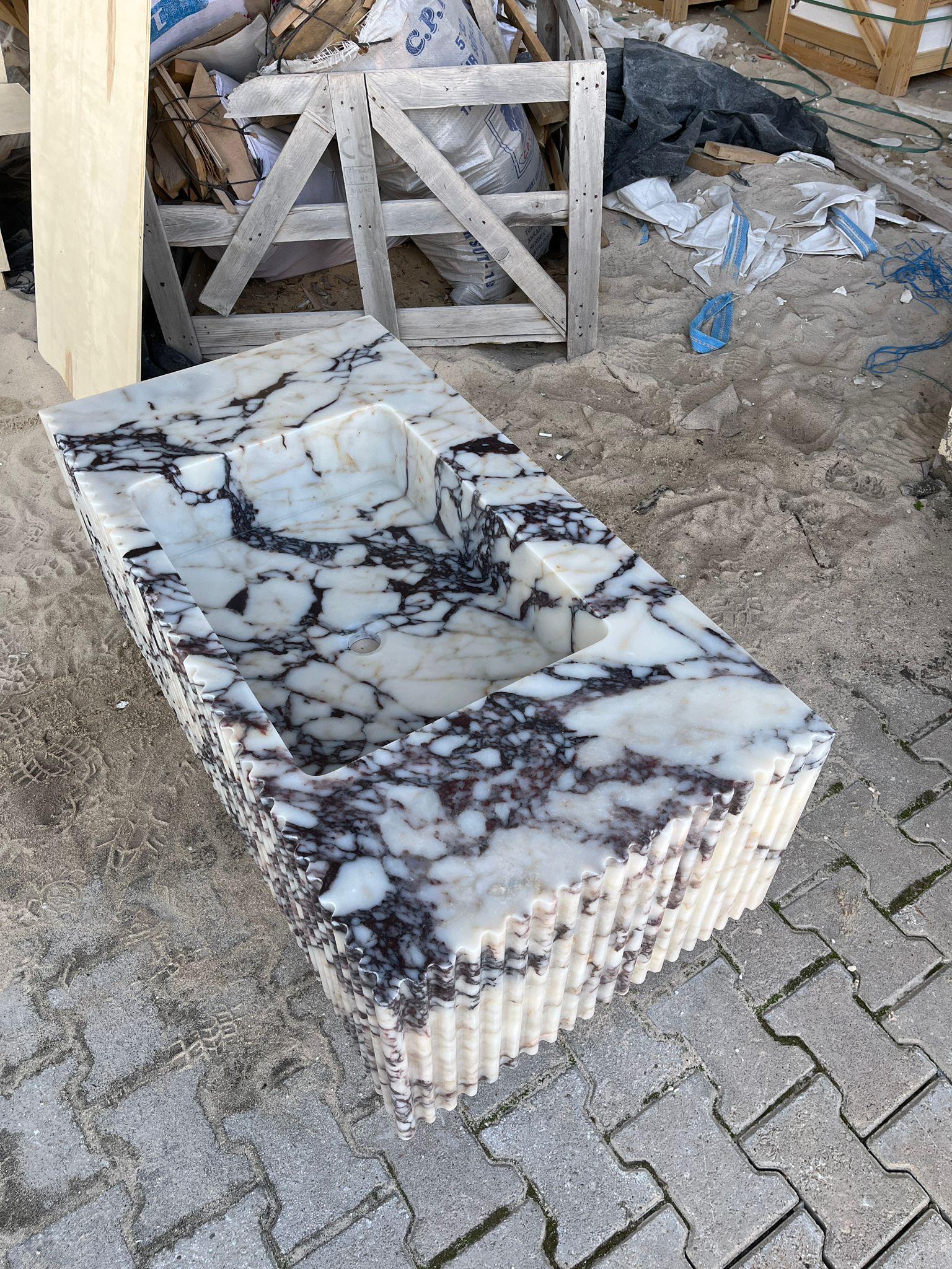 Custom Fluted Marble Block Sink – Calacatta Viola Style Vanity, Stone Bathroom Basin 5