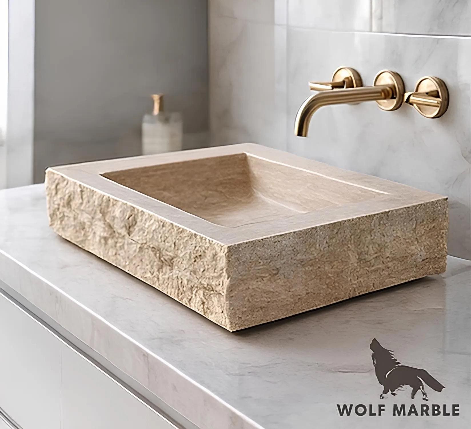 Hand-Carved Beige Travertine Bathroom Sink – Natural Chiseled Edge Stone Basin, Custom Size