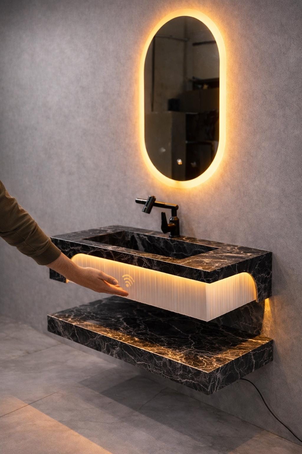 Single-Block Marble Floating Sink with Motion Sensor LED Lighting – Handmade Luxury Bathroom Vanity 2