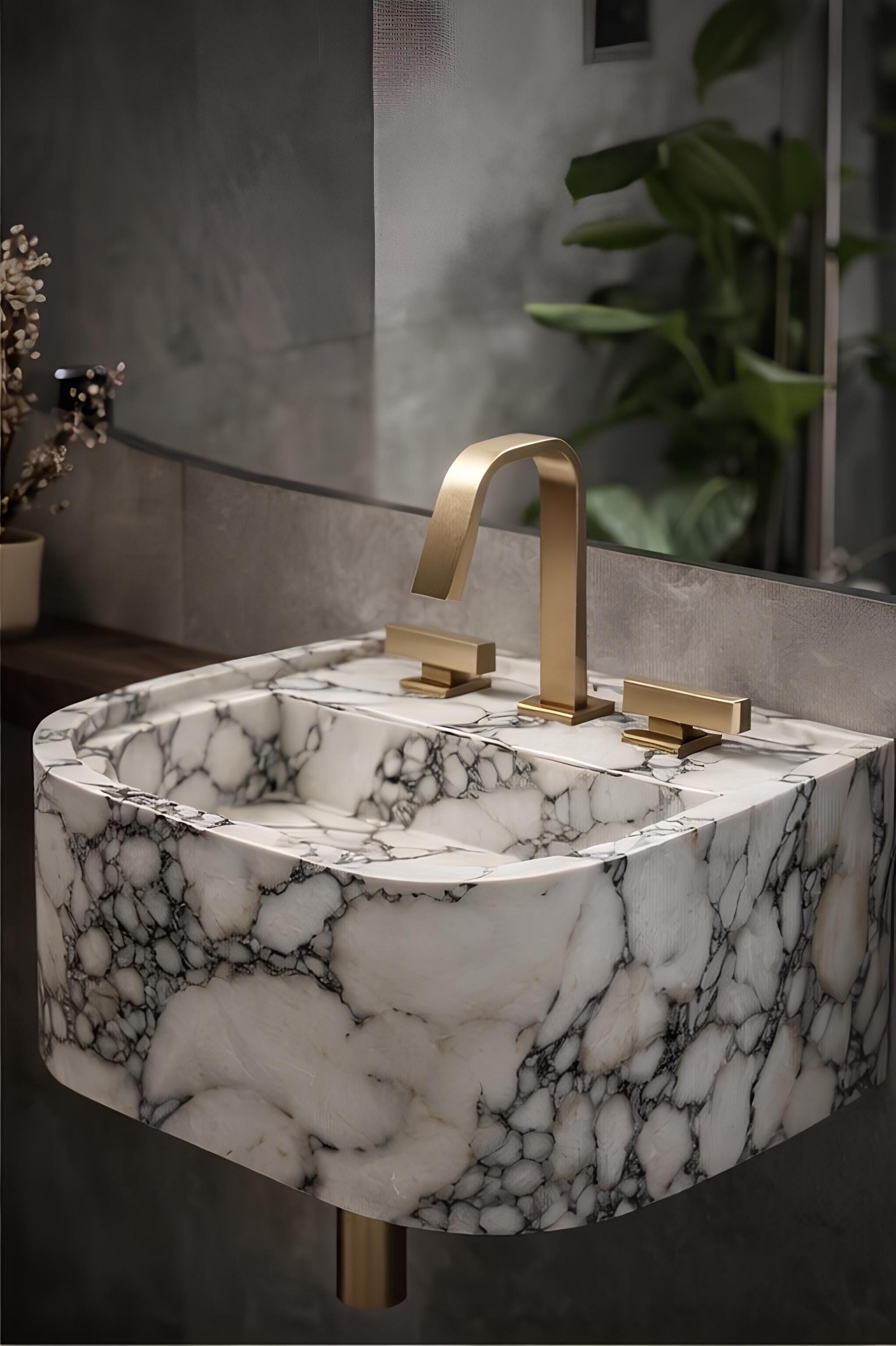 Luxury Calacatta Viola Marble Wall-Mount Sink | Modern Solid Stone Vanity Basin, Custom Size 2