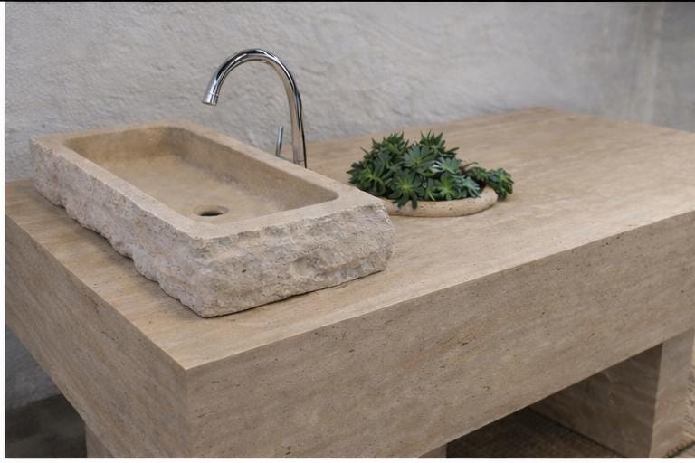 Handmade Travertine Stone Sink & Vanity Table | Natural Travertine Bathroom Console | Custom Size Marble Washstand 2