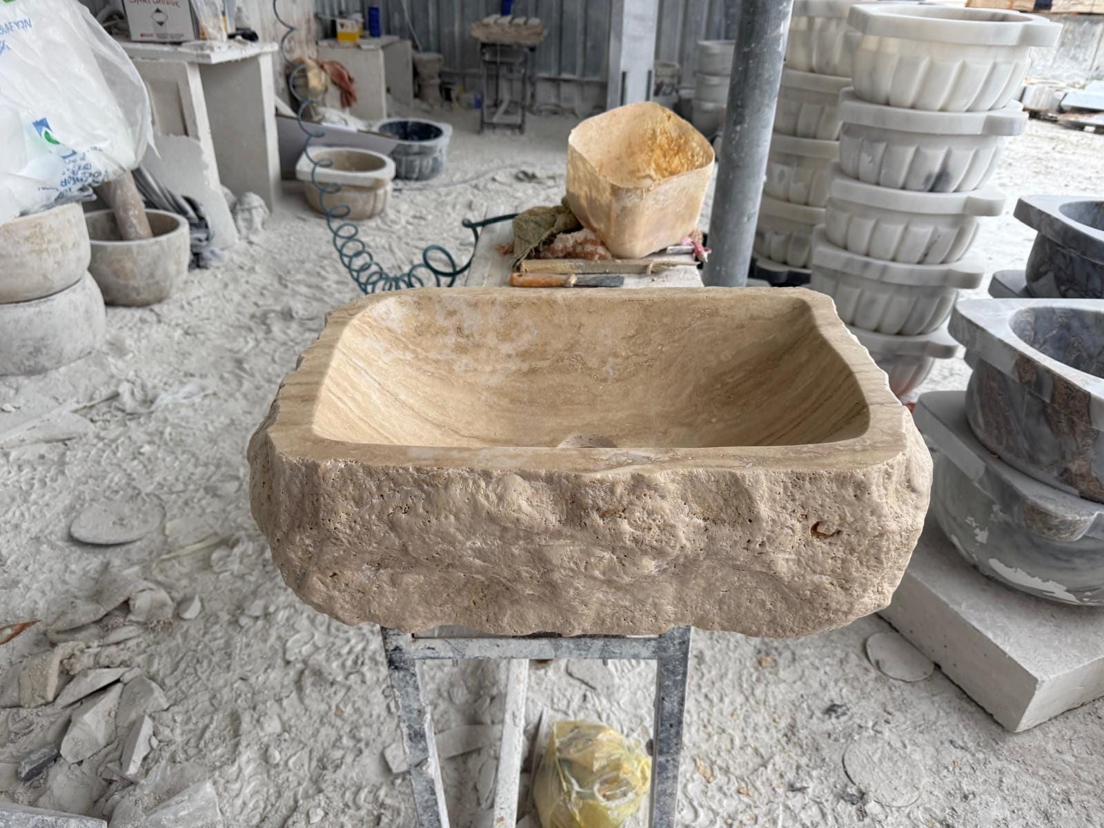 Rustic Handmade Travertine Stone Sink – Natural Rough Edge Rectangular Marble Basin 2