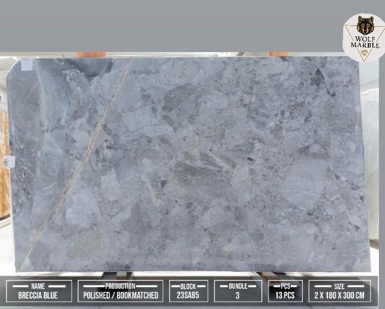 Breccia Blue Marble Slab: Bookmatched Natural Stone, Polished/Leather Finish 3