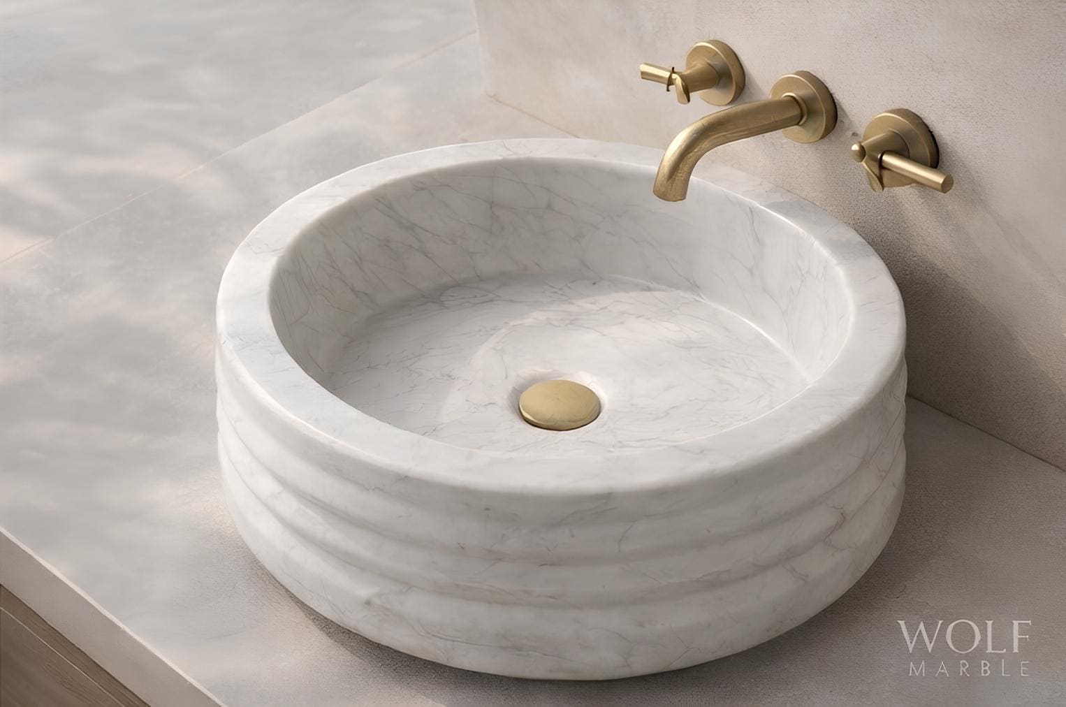 Hand-Carved Carrara White Round Marble Sink – Ribbed Vessel Basin (16” x 5”)