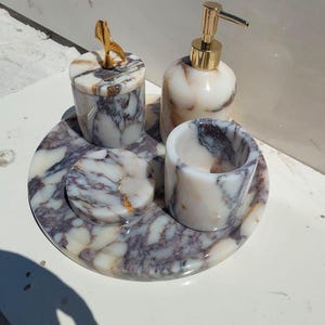Lıxury Handmade Marble Bathroom Accessories Set | Natural Stone Soap Dispenser, Jar, Tray & Toothbrush Holder