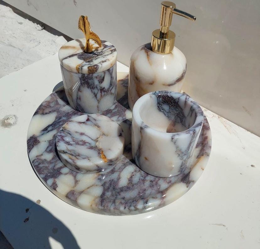 Handmade Marble Bathroom Accessories Set: Soap Dispenser, Jar, Tray & Toothbrush Holder