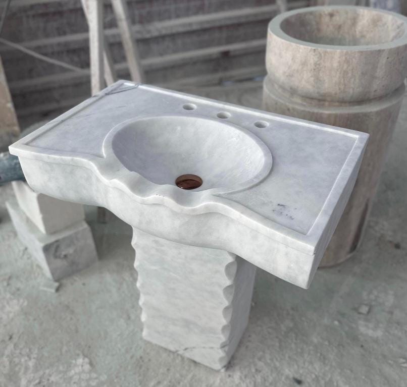 White Marble Sink with Pedestal | 60x40x85 cm | Handmade Bathroom Basin | WT Marble Design 3
