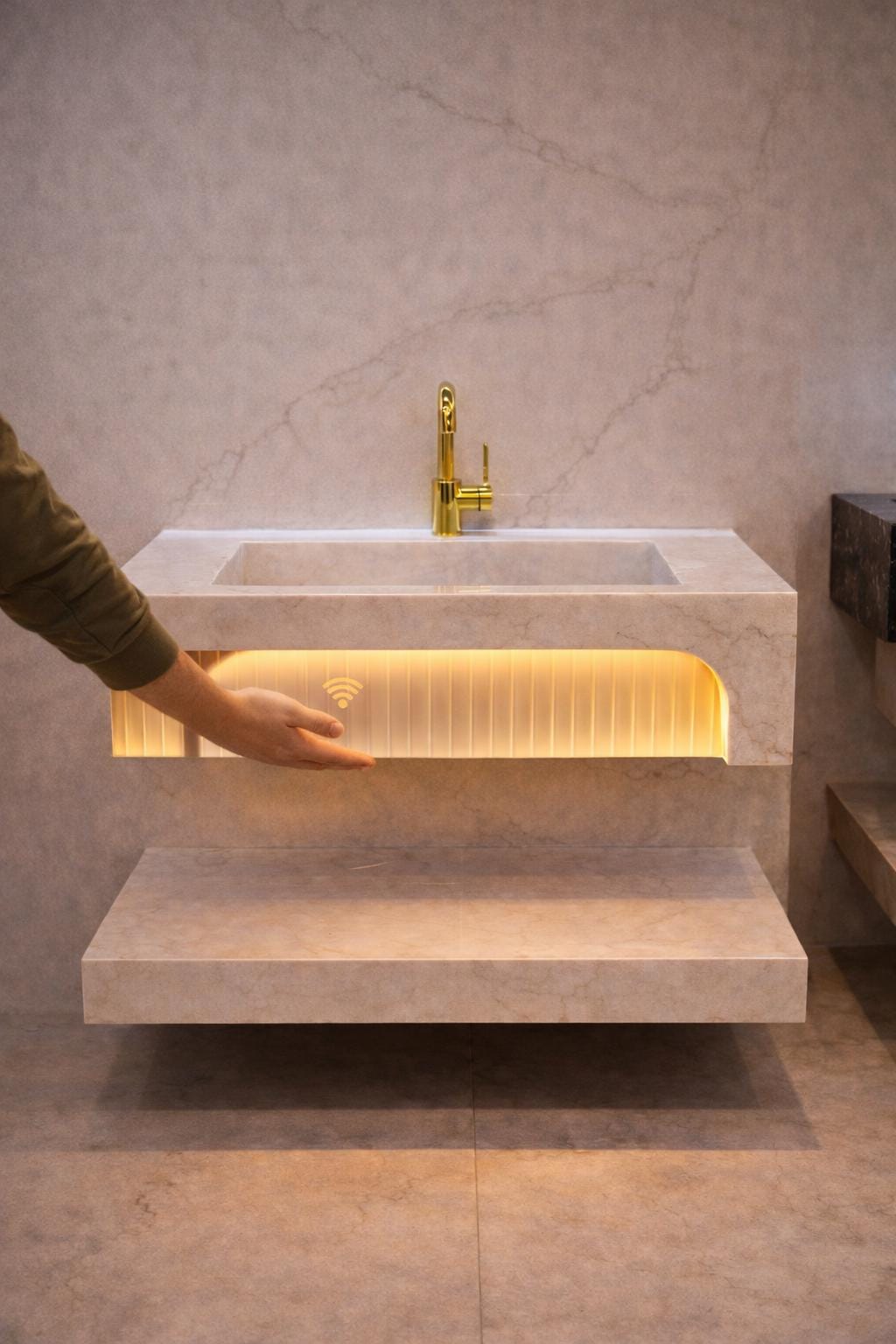 Single-Block Marble Floating Sink with Motion Sensor LED Lighting – Handmade Luxury Bathroom Vanity 3