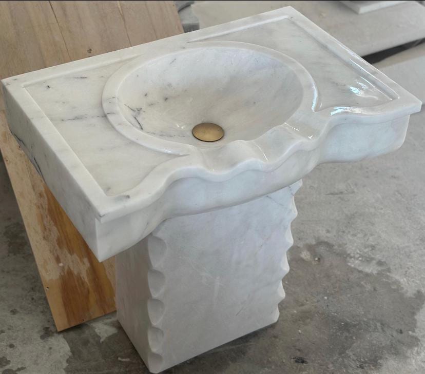 White Marble Sink with Pedestal | 60x40x85 cm | Handmade Bathroom Basin | WT Marble Design 5