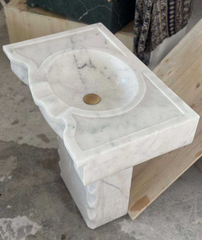 White Marble Sink with Pedestal | 60x40x85 cm | Handmade Bathroom Basin | WT Marble Design 2