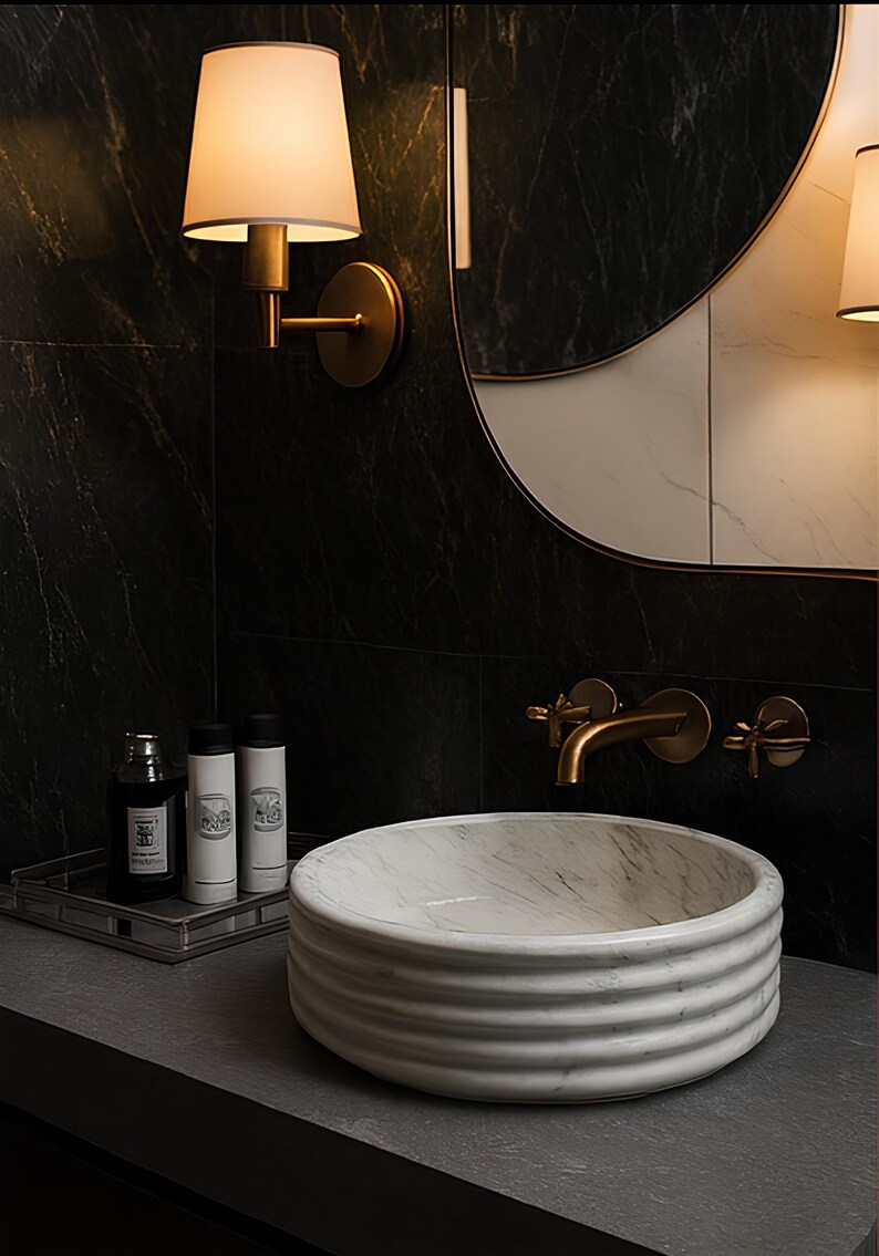 Hand-carved Carrara White Round Marble Sink – Ribbed Vessel Basin (16 ...