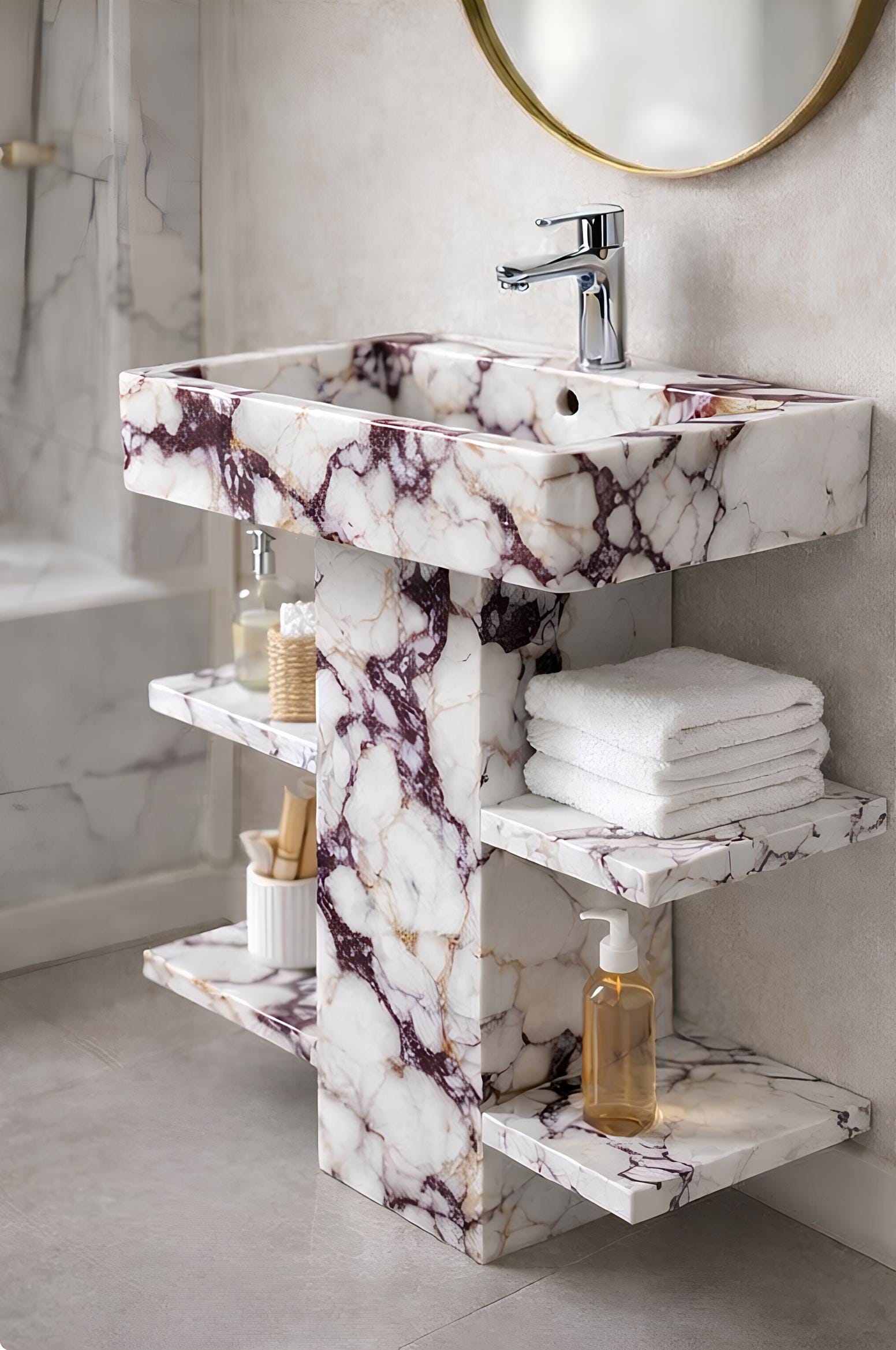 Handmade Calacatta Viola Marble Pedestal Sink with Shelves 3