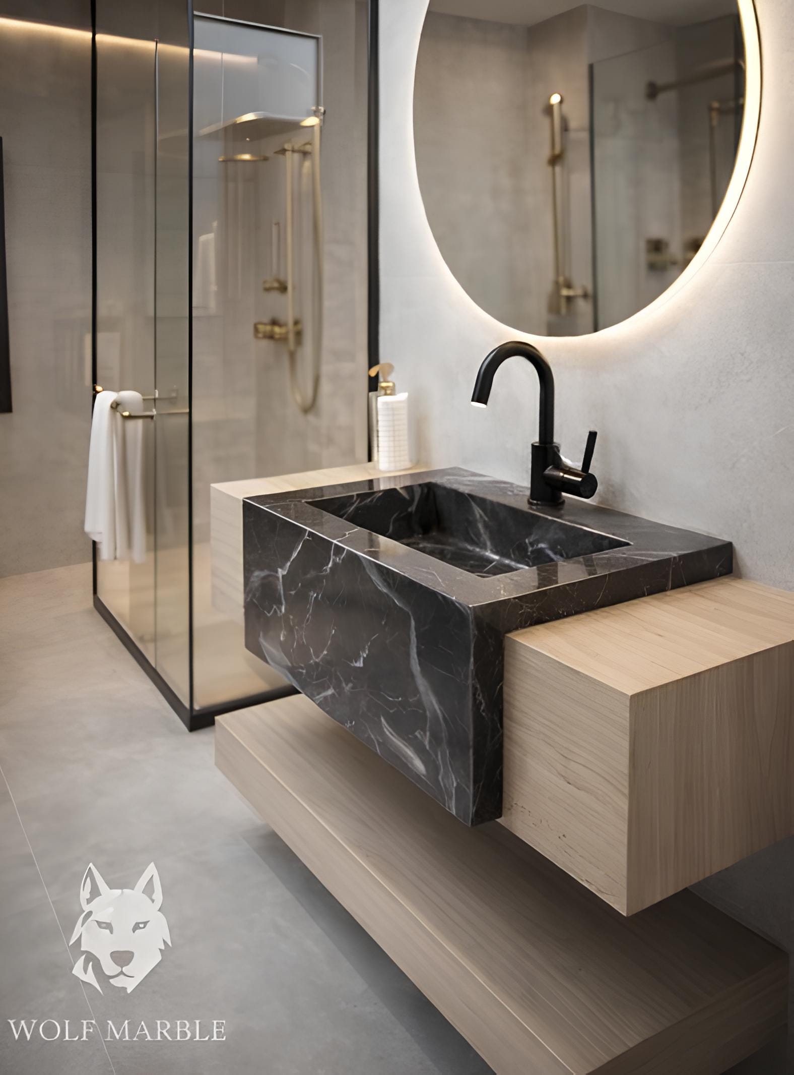 Custom Handmade Marble Vanity Sink – Modern Wall Mounted Solid Wood Shelf 2