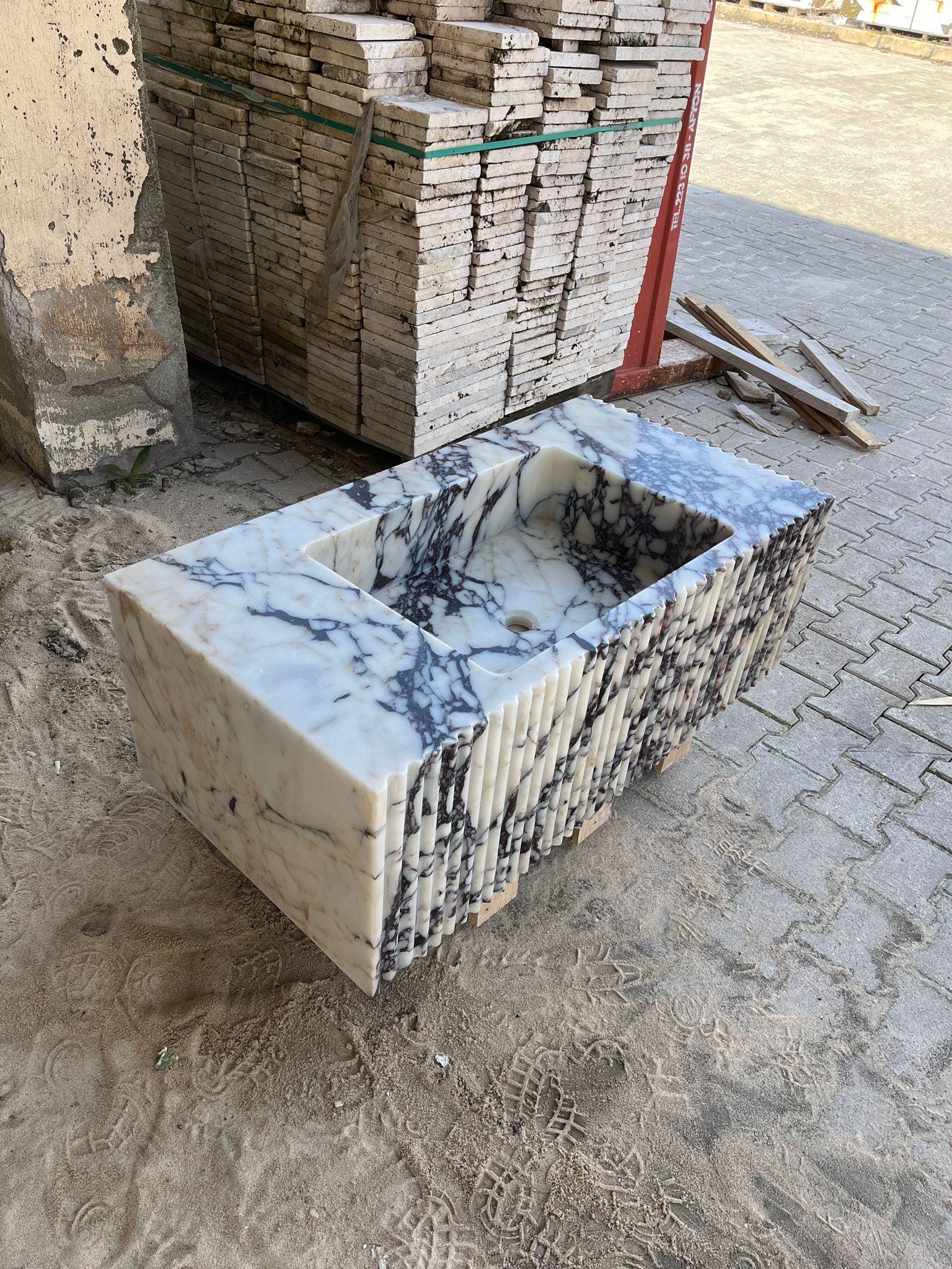 Custom Fluted Marble Block Sink – Calacatta Viola Style Vanity, Stone Bathroom Basin 2
