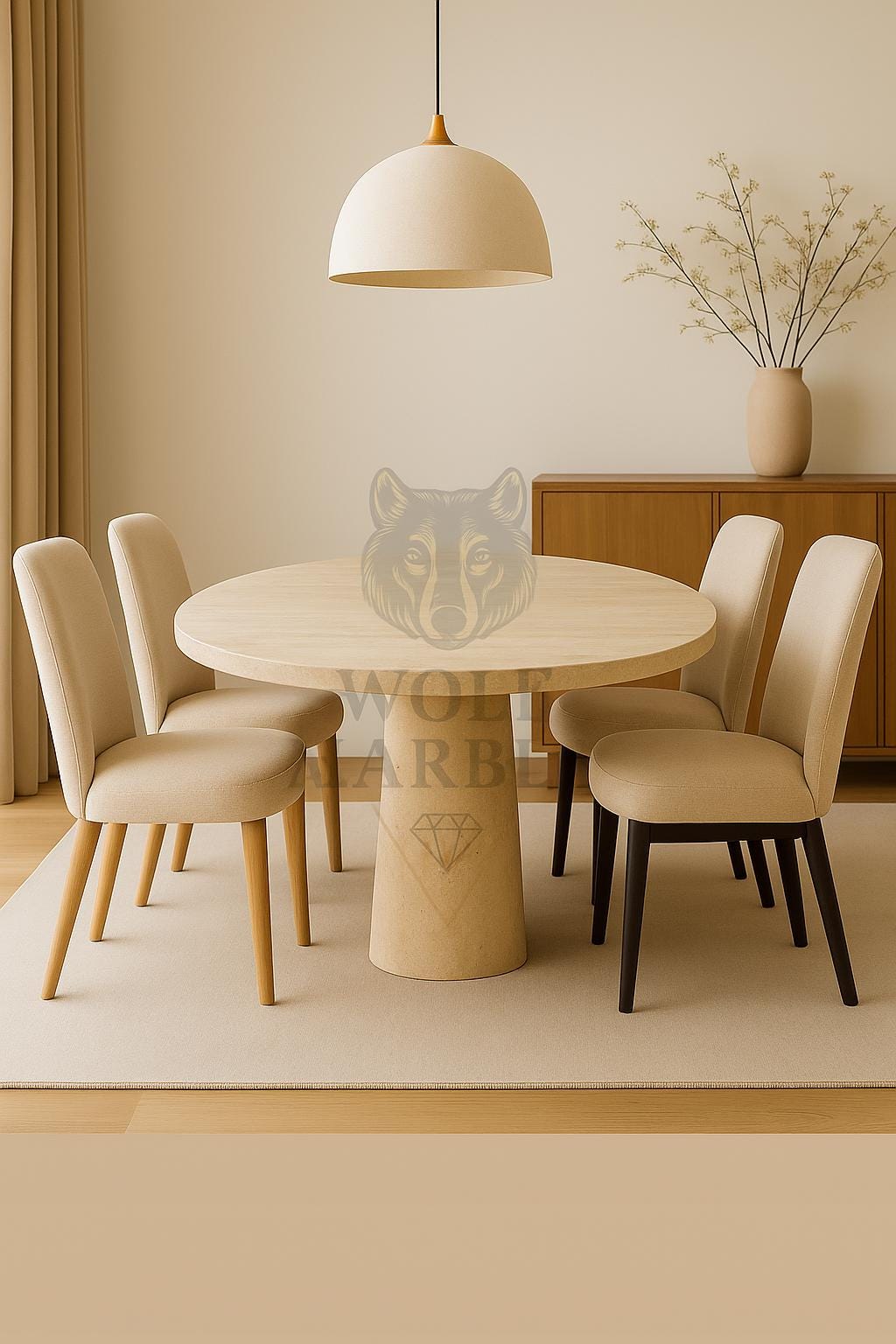 Handmade Beige Marble Dining Table: Modern Round Pedestal Base