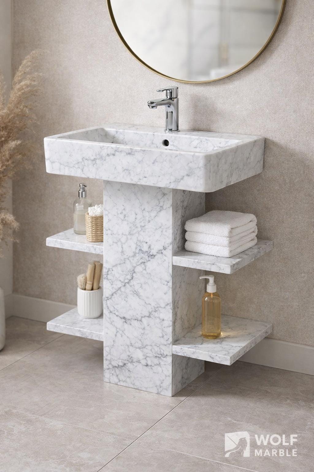 Calacatta Viola Marble Pedestal Sink | Handmade Bathroom Washbasin with Shelves