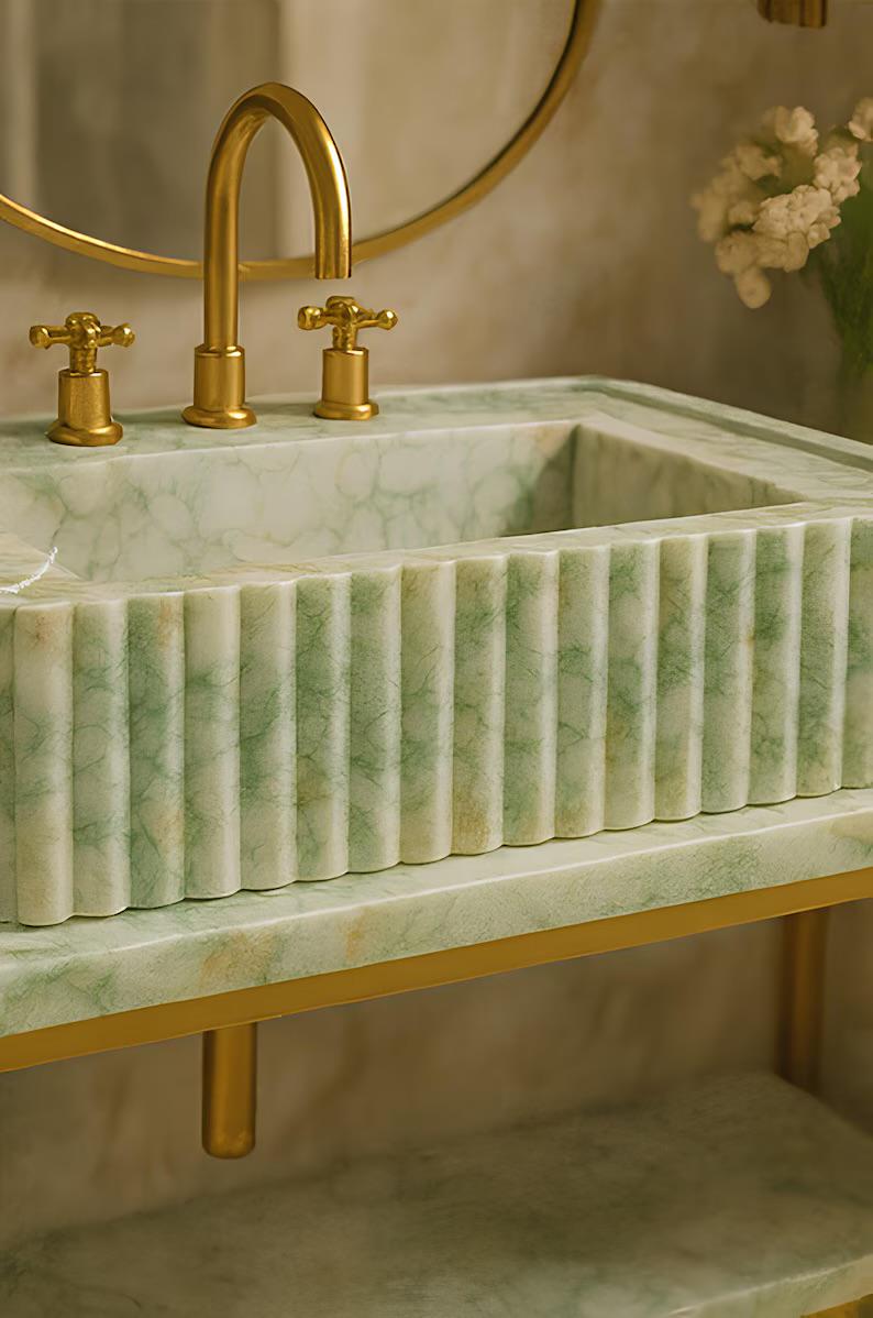 Hand-Carved Calacatta Verde Marble Sink | Fluted Green Veined Luxury Vanity Basin 3