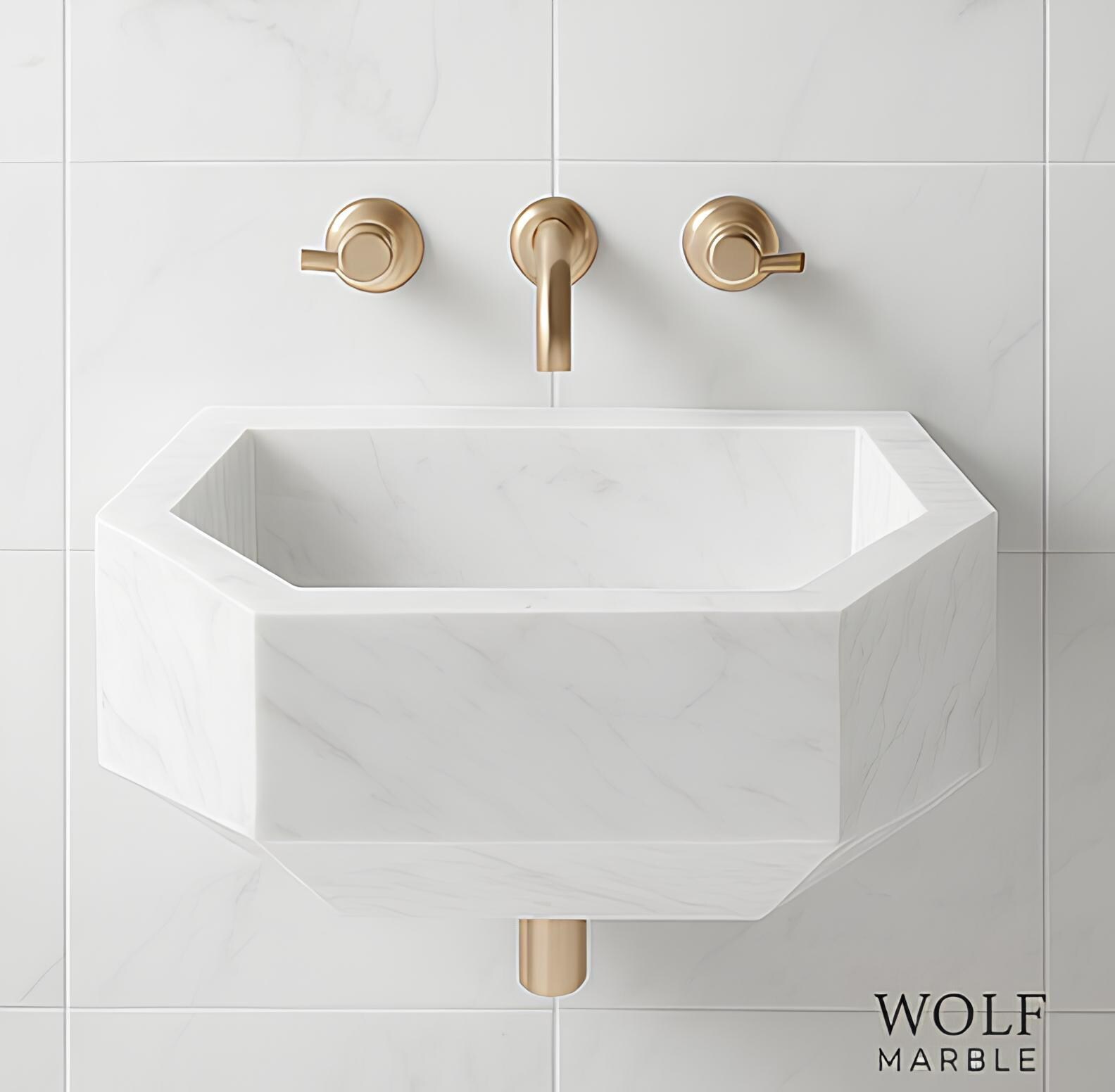 Modern Carrara White Marble Wall-Mount Sink – Geometric Hand-Carved Bathroom Basin, Custom Size 2