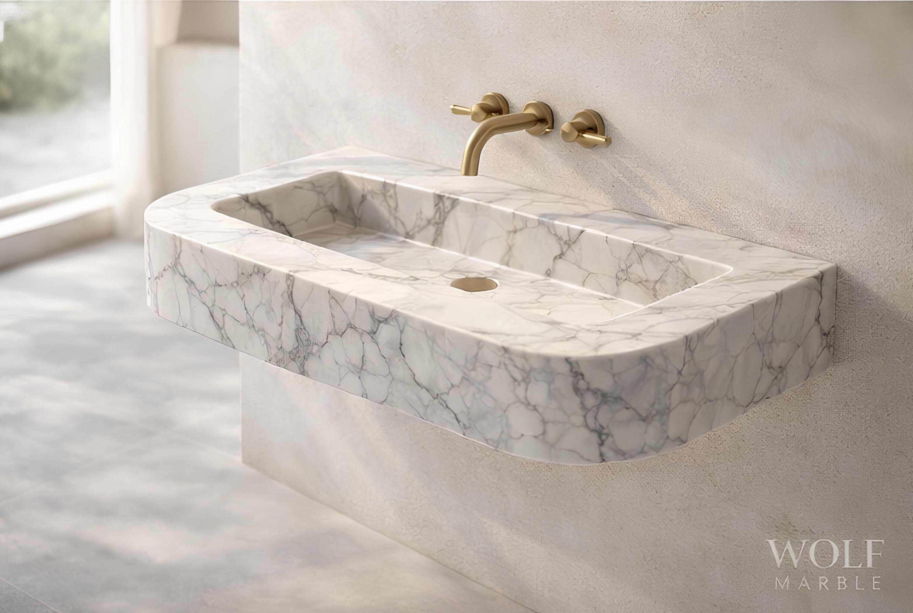 Hand-Carved White Marble Wall-Mount Bathroom Sink with Brass Fixtures, Custom Size 2