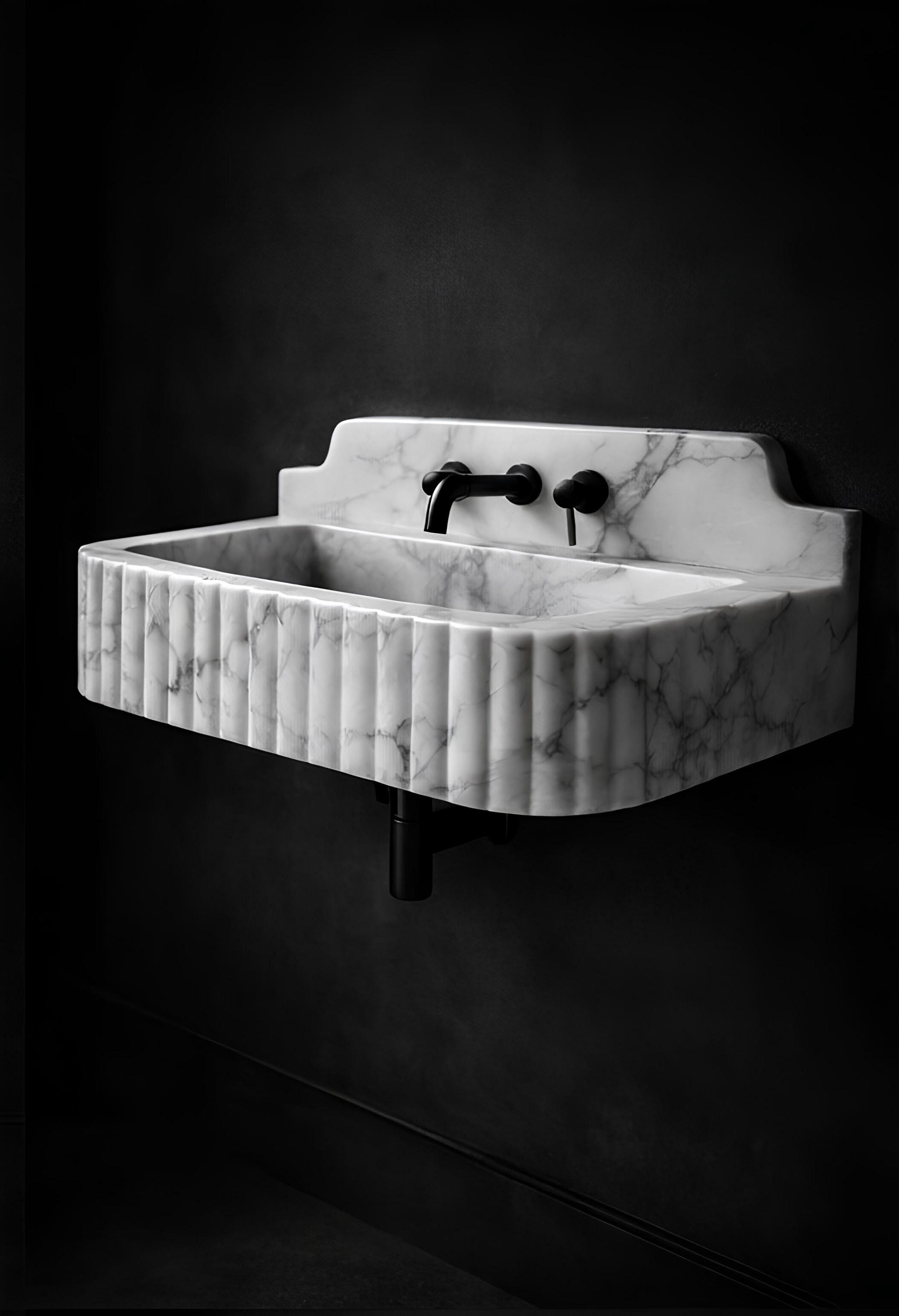 Hand-Carved Black & Carrara Marble Sink | Wall-Mount Bathroom Vanity Basin, Custom Size 2