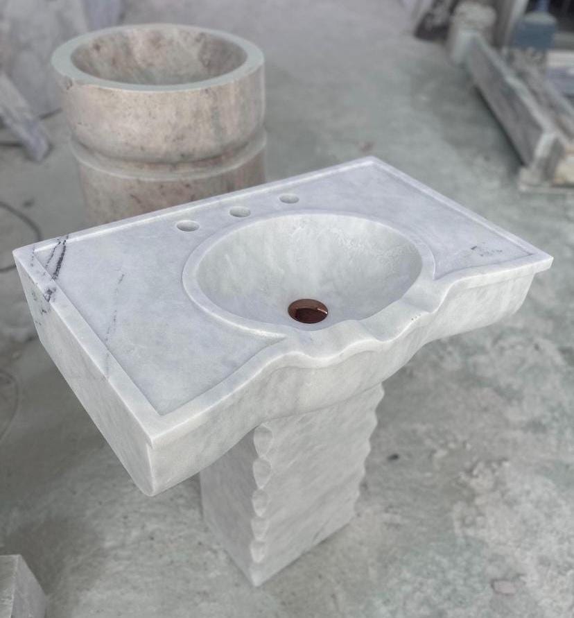 White Marble Sink with Pedestal | 60x40x85 cm | Handmade Bathroom Basin | WT Marble Design 4
