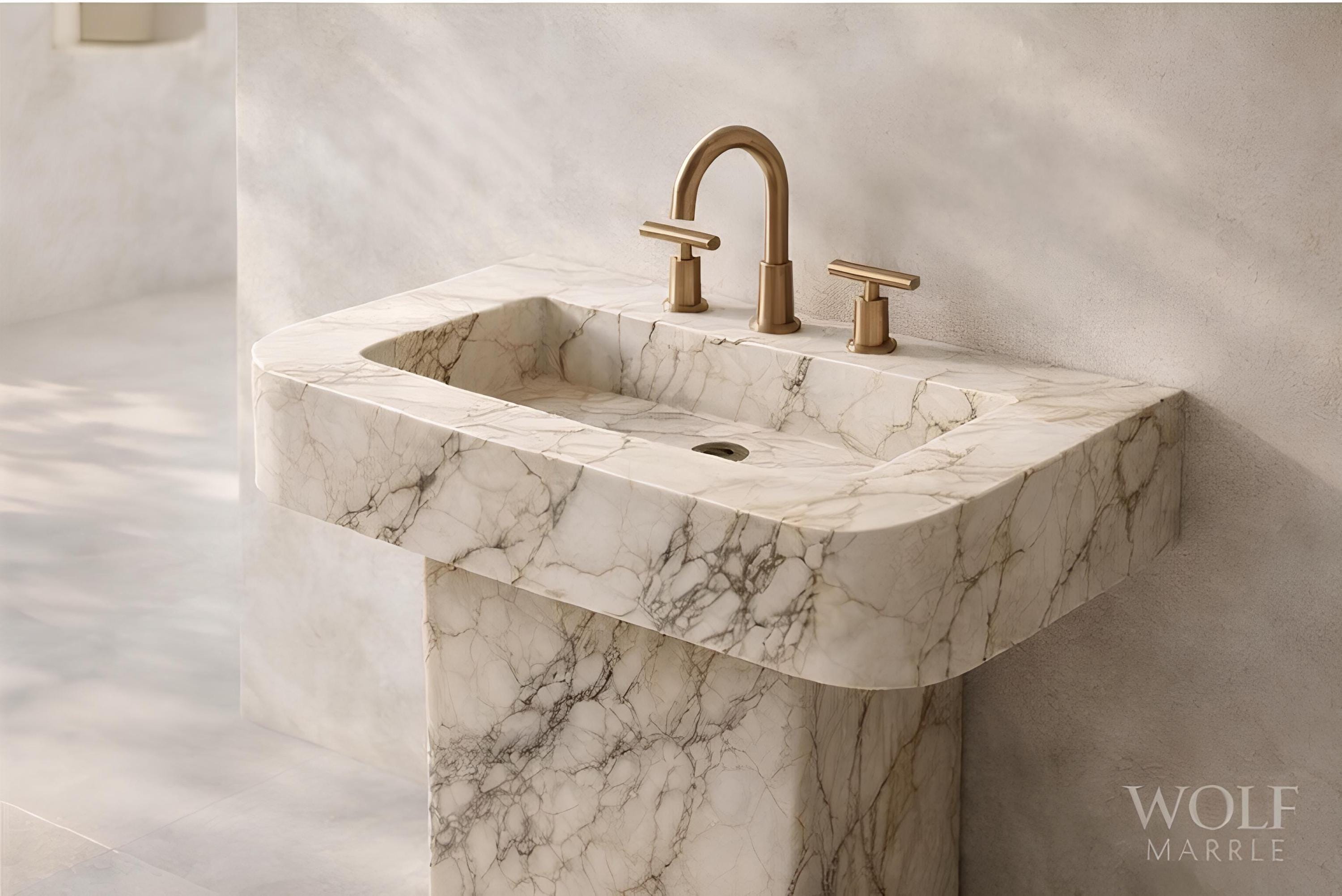Hand-Carved Calacatta Viola Marble Sink with Pedestal | Luxury Natural Stone Bathroom Basin 2