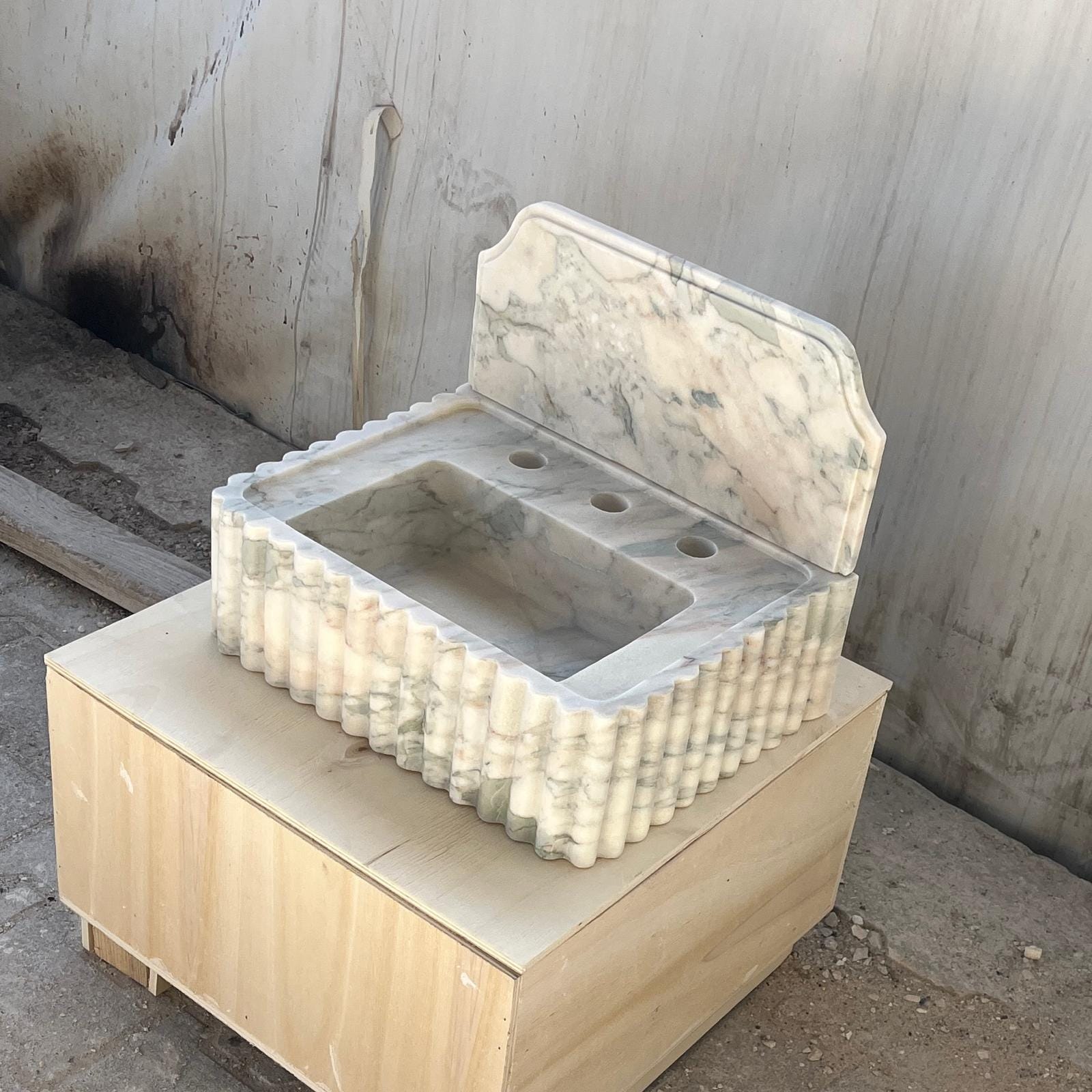 Hand Carved Fluted Marble Sink with Backsplash, Solid Natural Stone Vanity Basin