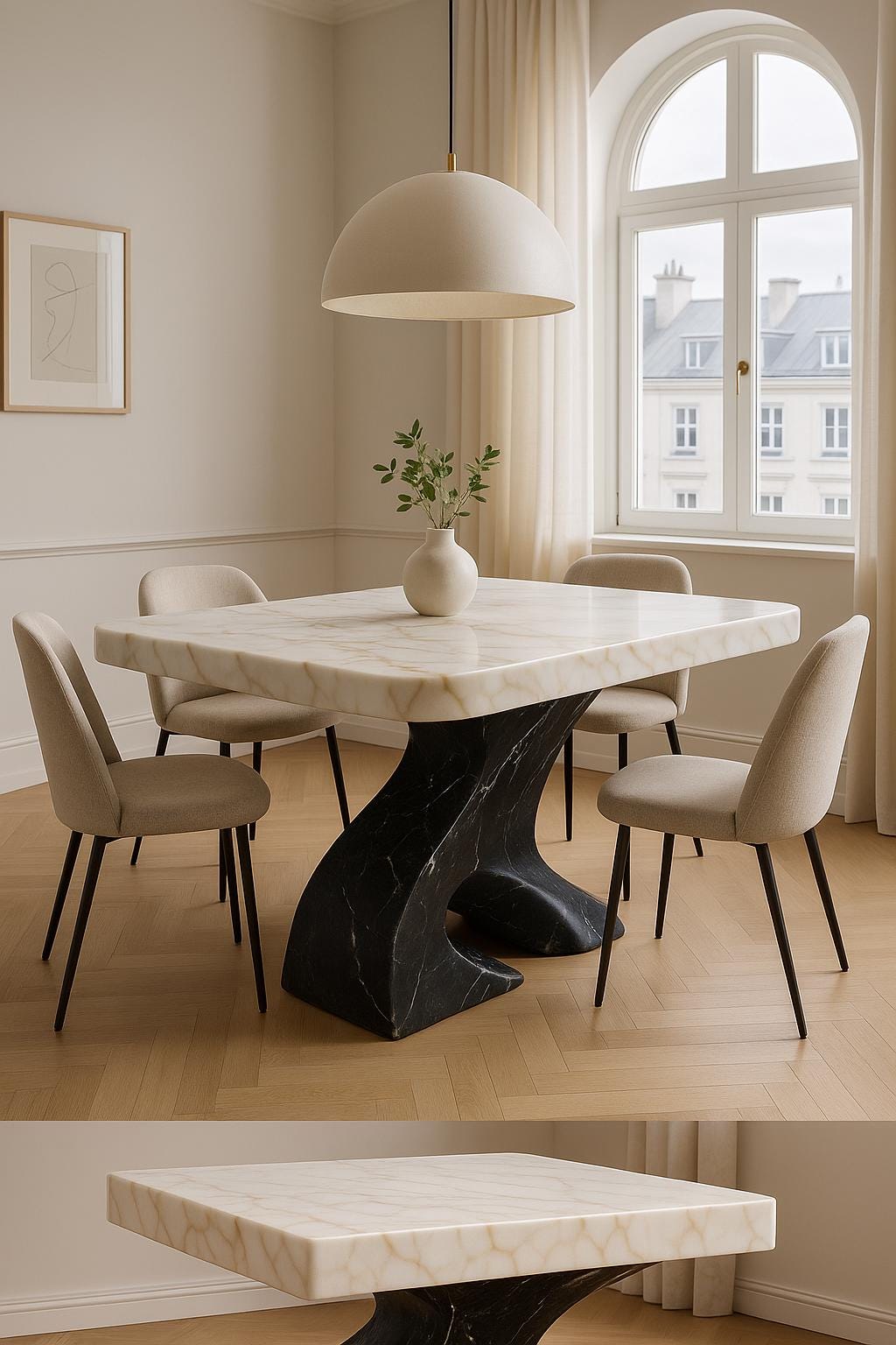 Calacatta Gold & Nero Marquina Sculptural Marble Dining Table – Luxury Handmade Modern Art Piece