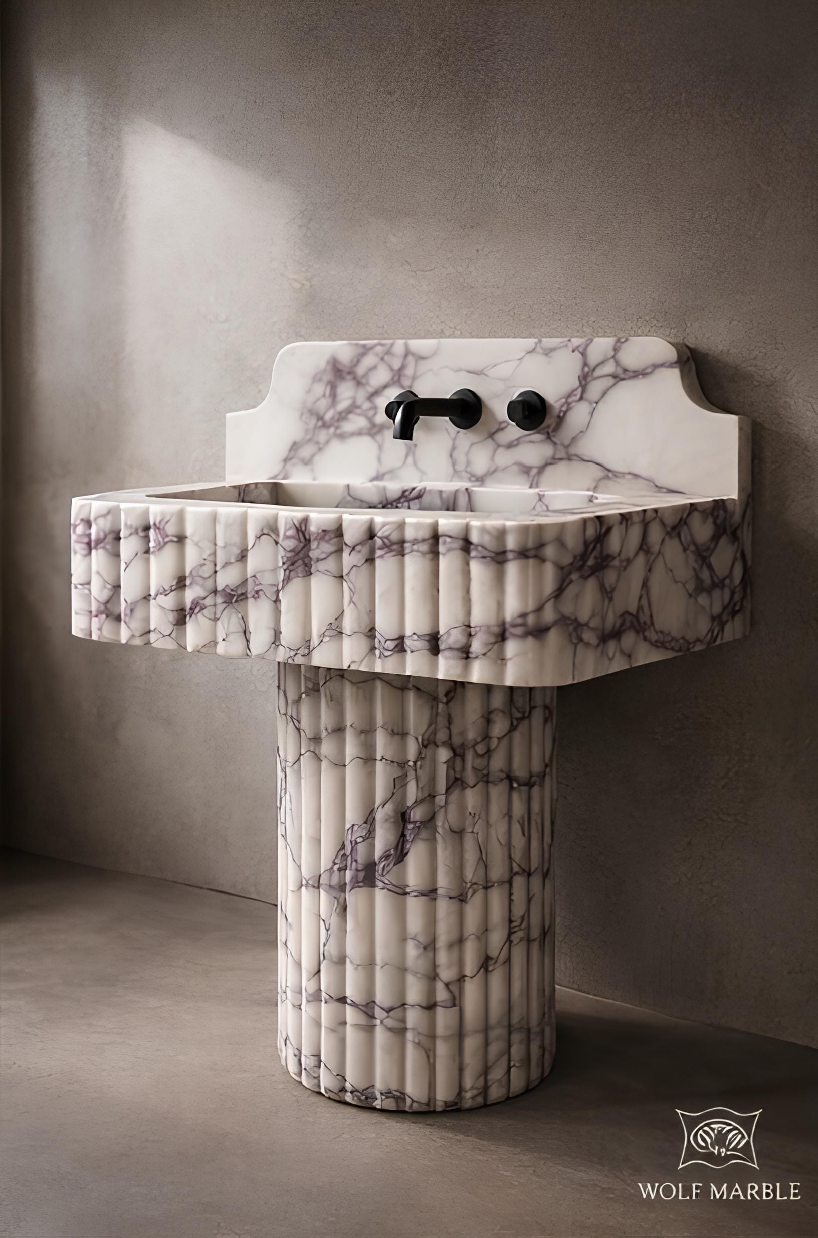 Hand-Carved Calacatta Viola Marble Pedestal Sink | Modern Luxury Bathroom Basin (30” x 16” x 8”)