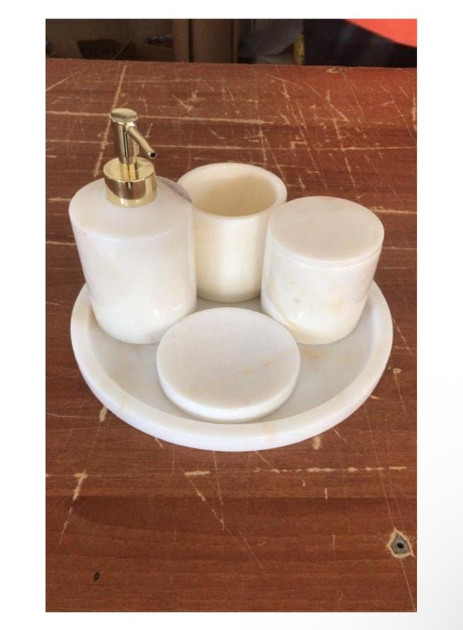 5 Piece White Marble Bathroom Set | Handmade Natural Stone Bath Accessories | Luxury Home Decor 2