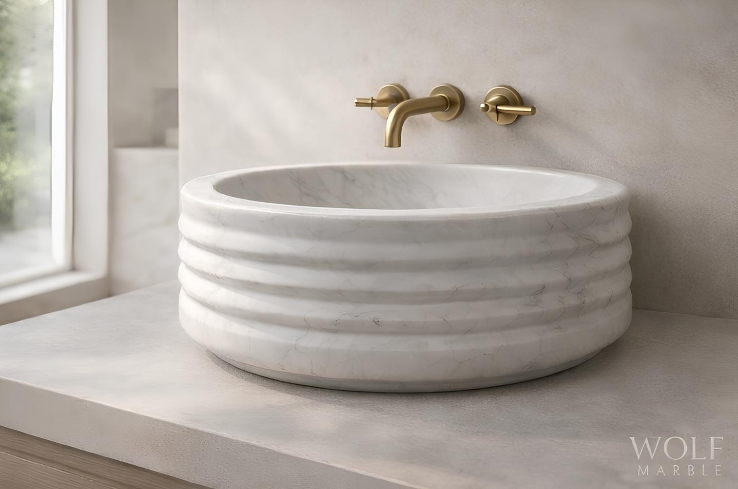 Hand-Carved Carrara White Round Marble Sink – Ribbed Vessel Basin (16” x 5”) 2