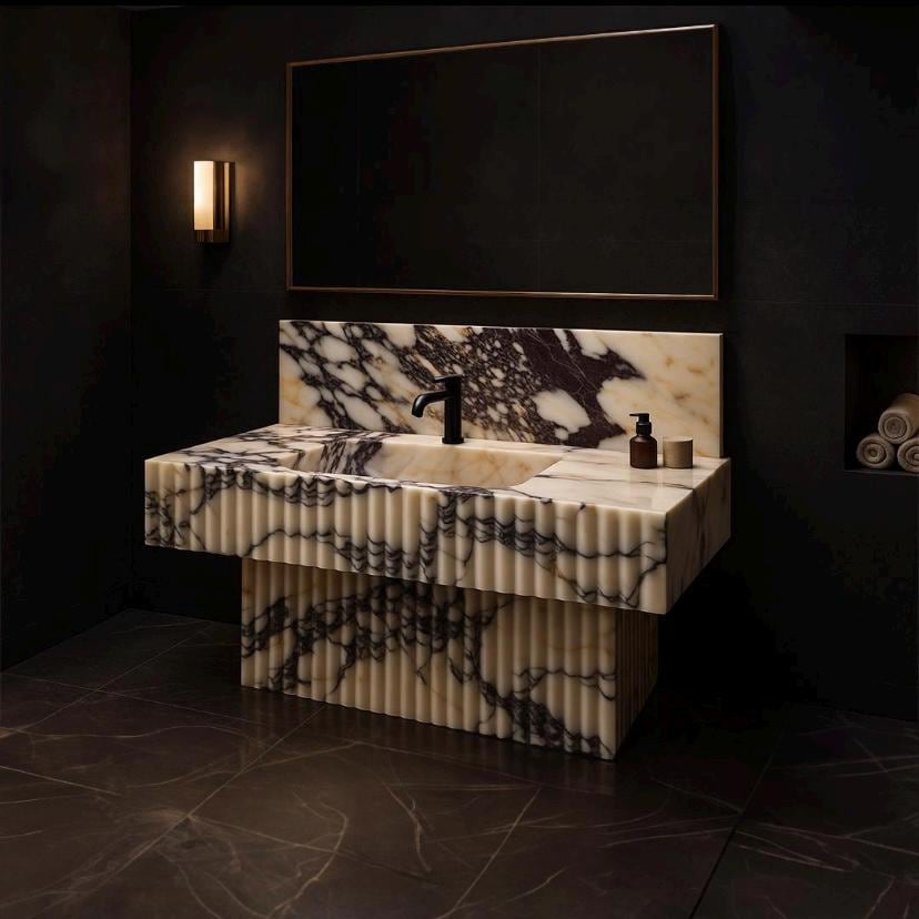 Luxury Custom Marble Sink with Ribbed Front | Calacatta Viola Style Stone | Handmade in Turkey