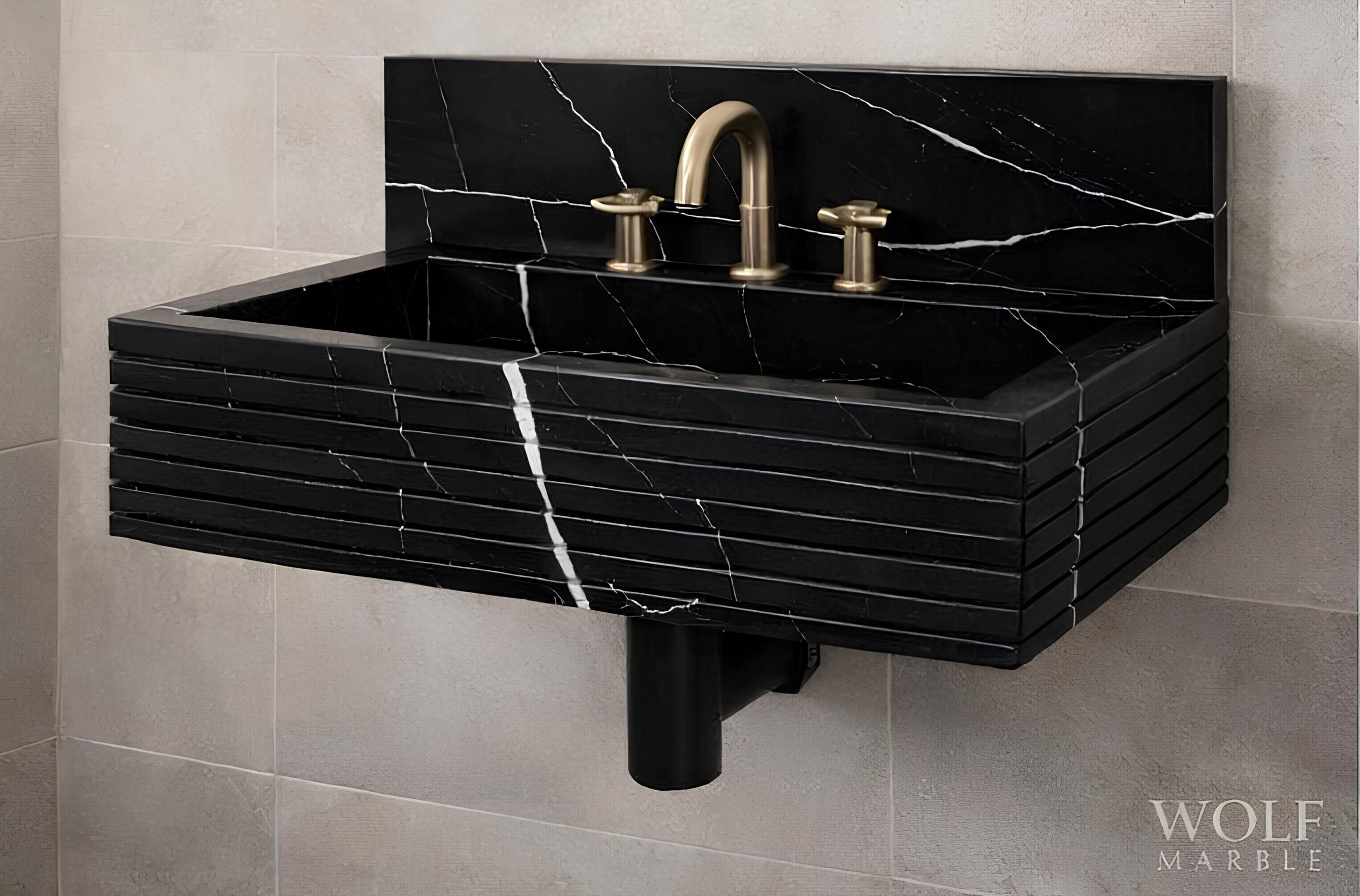 Hand-Carved Nero Marquina Black Marble Wall-Mount Sink – Ribbed Front Modern Vanity Basin, Custom Size