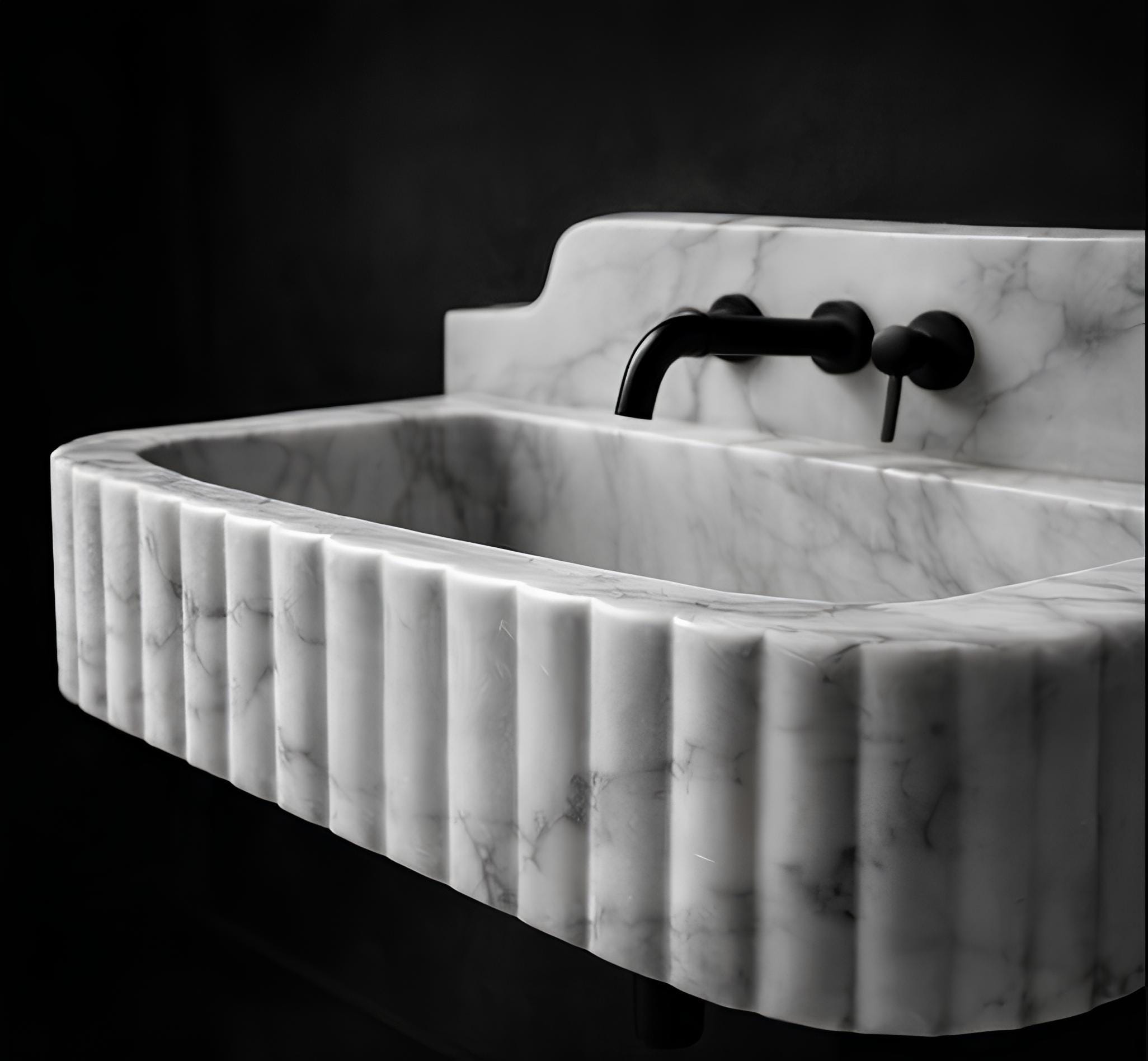 Hand-Carved Black & Carrara Marble Sink | Wall-Mount Bathroom Vanity Basin, Custom Size 4