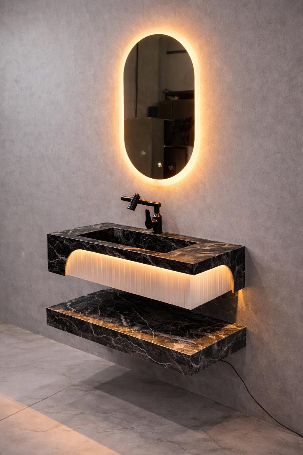 Single-Block Marble Floating Sink with Motion Sensor LED Lighting – Handmade Luxury Bathroom Vanity 3
