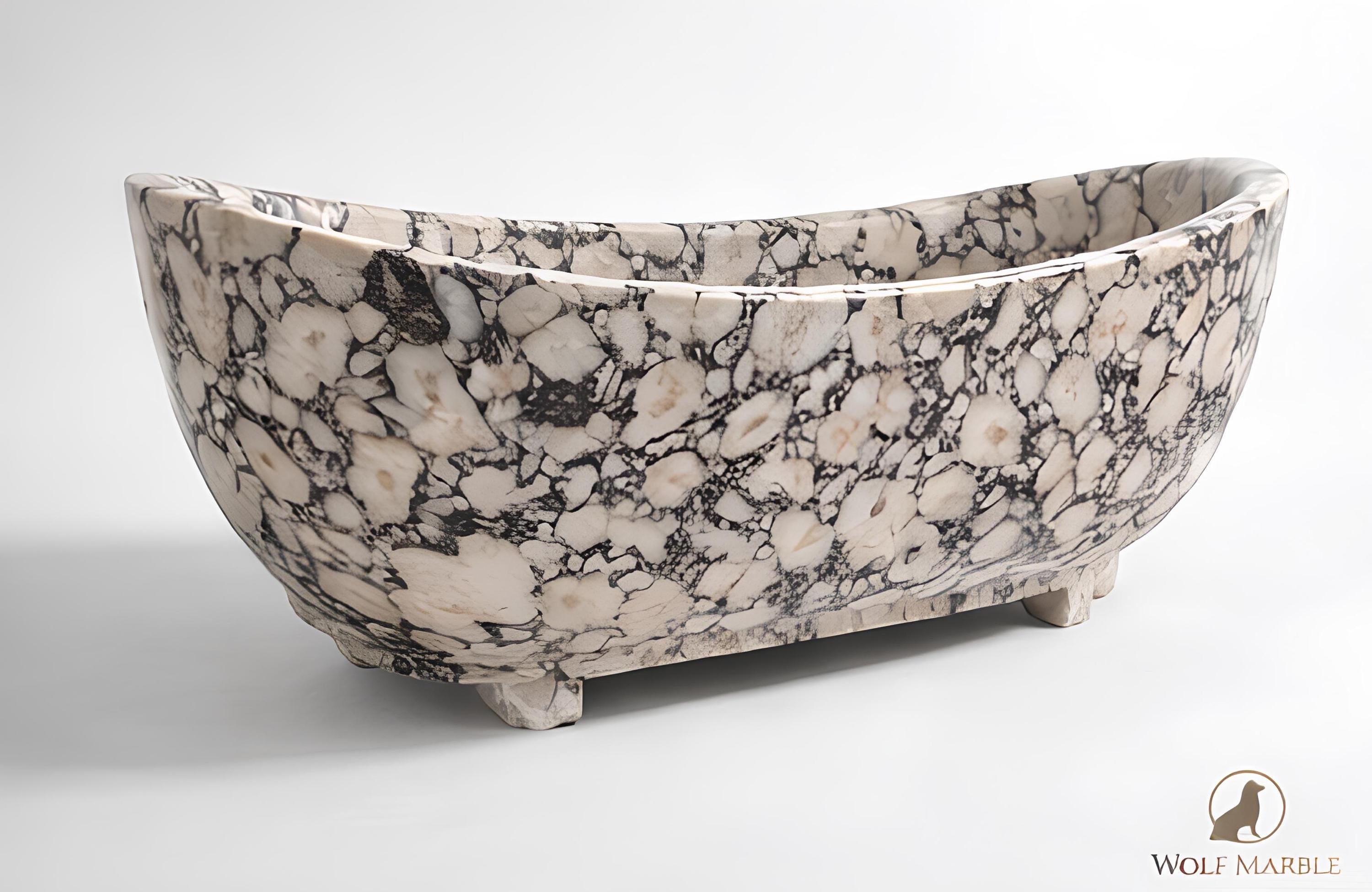 Hand-Carved Breccia Marble Bathtub | Compact Freestanding Soaking Tub 4