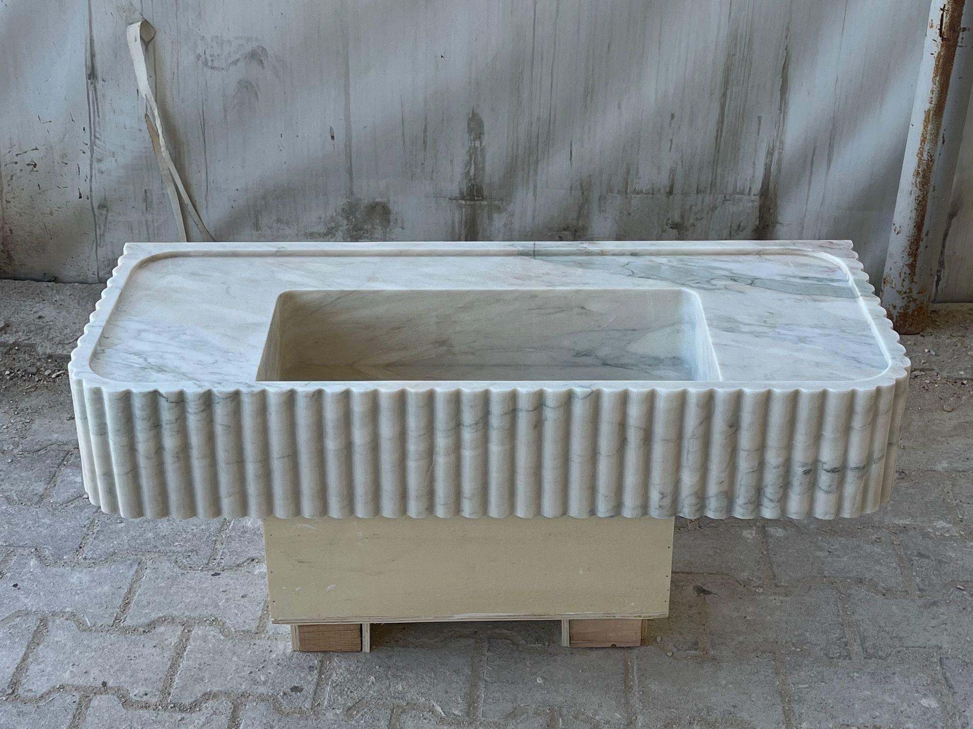 Handmade Fluted Marble Sink Vanity – Solid Stone Bathroom Washbasin
