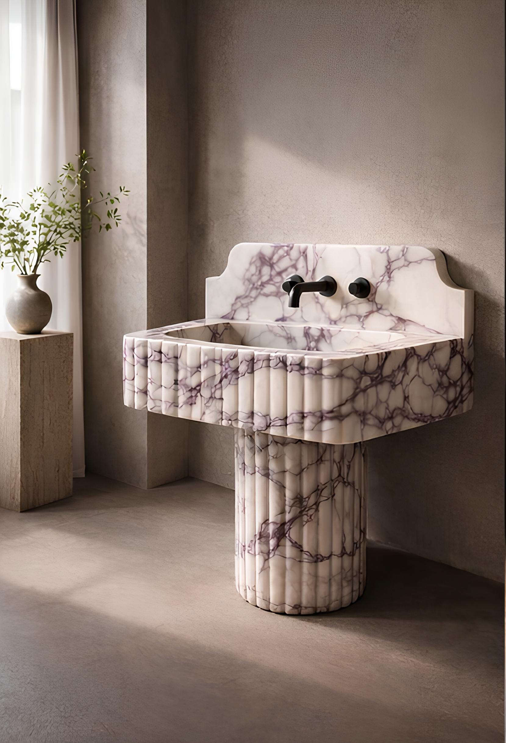 Hand-Carved Calacatta Viola Marble Pedestal Sink | Modern Luxury Bathroom Basin (30” x 16” x 8”) 2