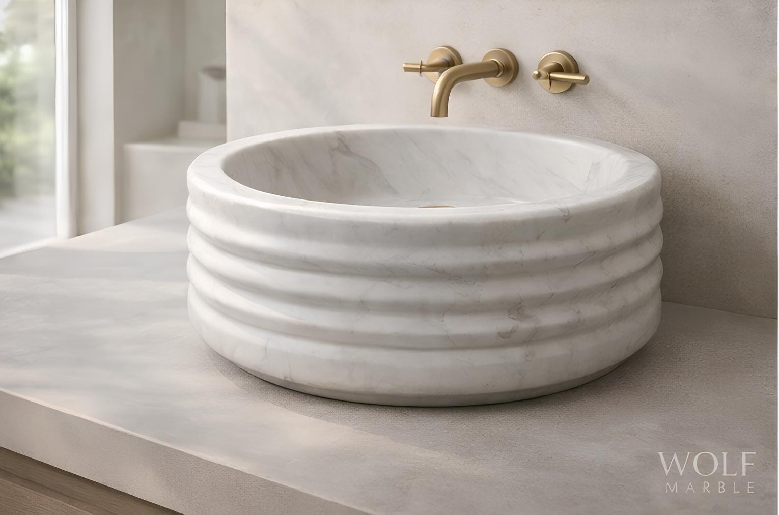 Hand-Carved Carrara White Round Marble Sink – Ribbed Vessel Basin (16” x 5”) 3