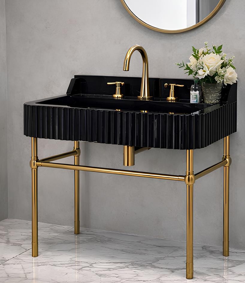 Handmade Nero Marquina  Afyon Marble Sink: Fluted Stone Basin with Brass Legs.