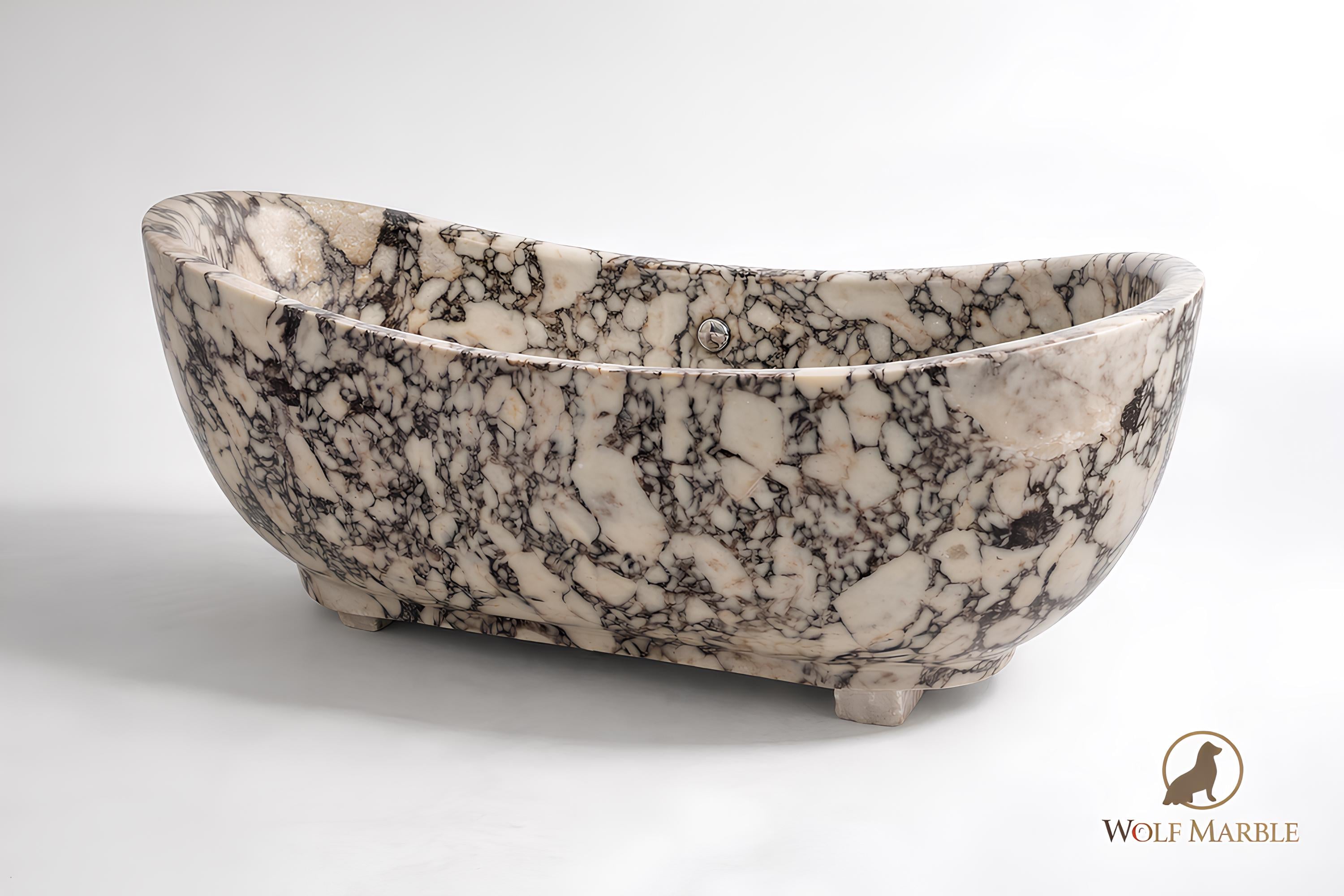 Hand-Carved Breccia Marble Bathtub | Compact Freestanding Soaking Tub
